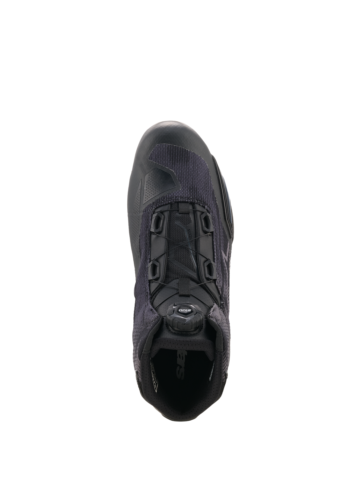 Alpinestars Celer Superair Shoes, zapatos de moto, negro y gris oscuro, vista superior que destaca el dial del sistema de cierre Rotor, construcción textil transpirable de alto flujo de aire y refuerzos sintéticos de protección