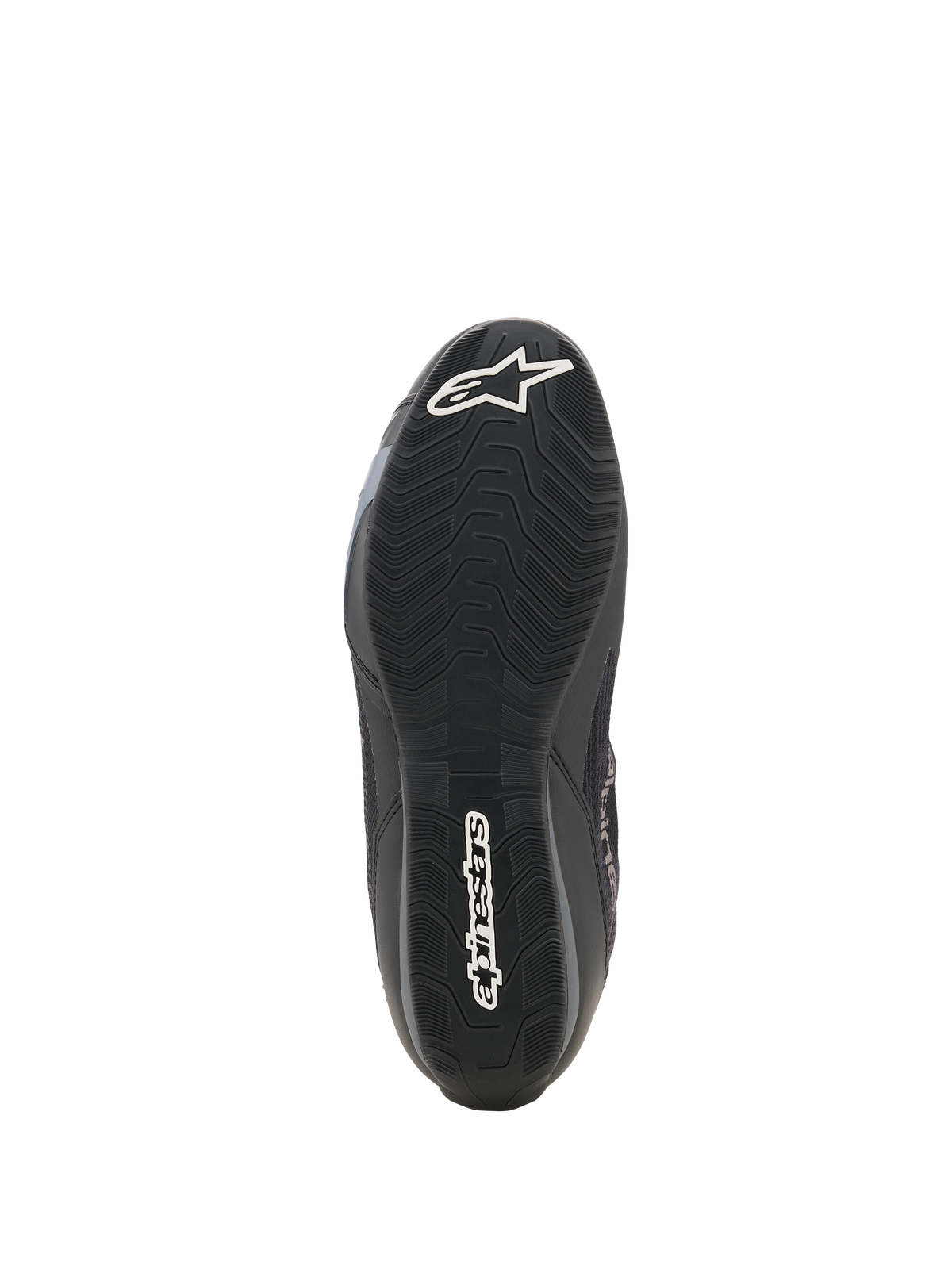 Zapatos Alpinestars Celer Superair, zapatos para motociclismo, negro y gris oscuro, vista inferior de la suela de goma texturizada resistente al aceite, con el logotipo de la estrella de Alpinestars en blanco en la puntera y la marca en el talón