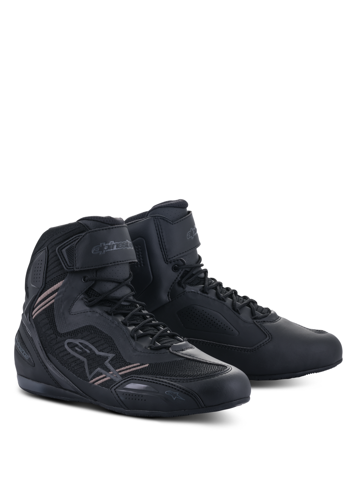 Zapatos Alpinestars Faster-3 Rideknit®, calzado para moto, color negro, con parte superior de microfibra ligera y malla, cierre de cordones con correa de velcro en el tobillo y diseño aerodinámico de carreras.