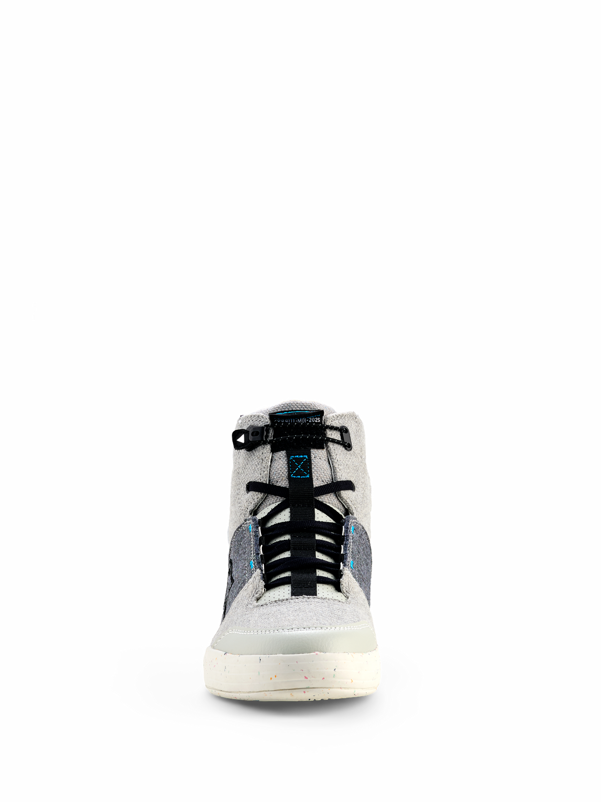 Zapatos Alpinestars Circal Riding, gris, negro y azul metilo, vista frontal de calzado urbano para motocicleta con diseño de caña alta, paneles de lona, cordones elásticos negros y suela moteada de color blanco roto