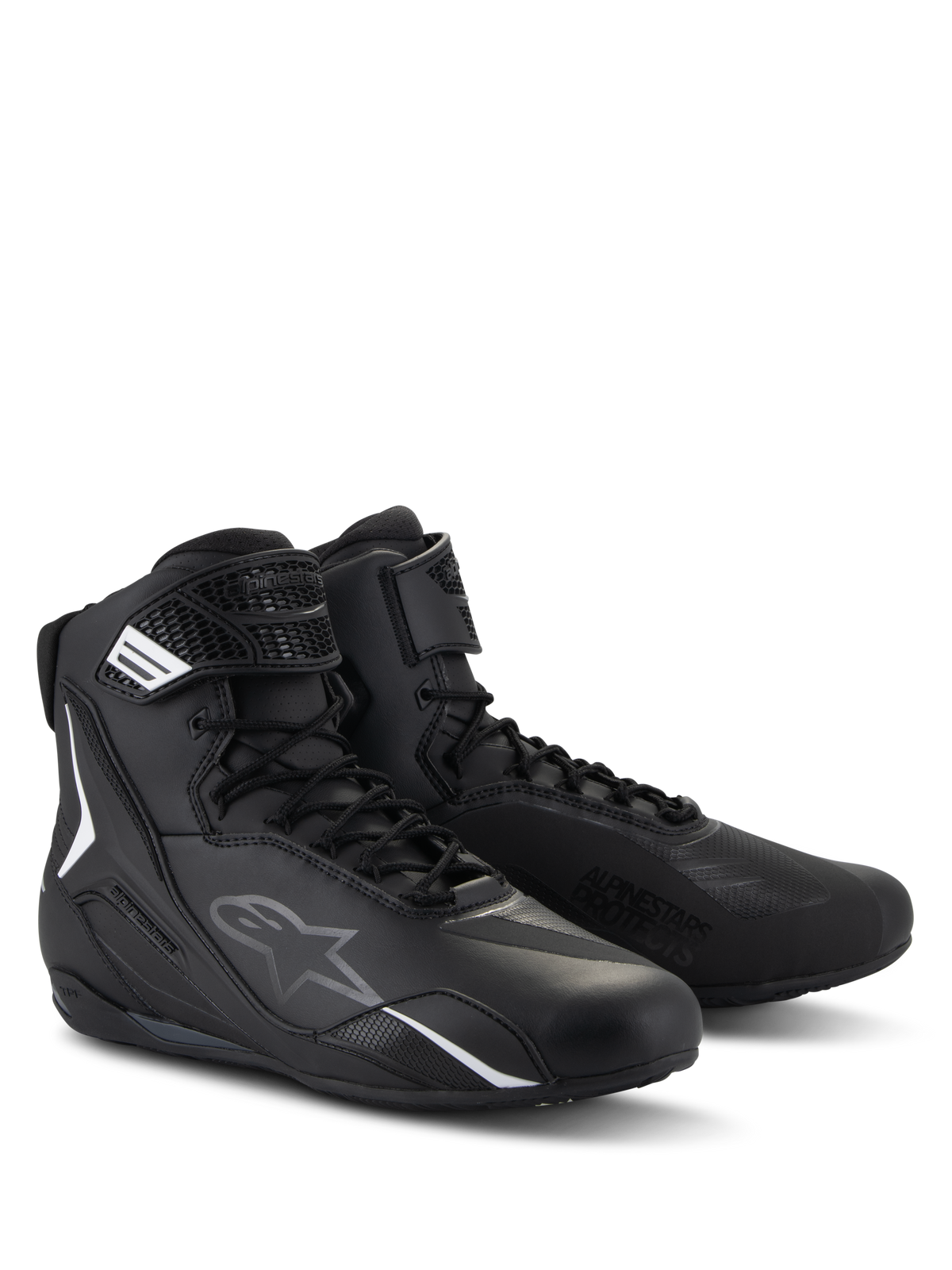 Zapatos Alpinestars Faster-4, zapatos de conducción para moto, negros, diseño de caña alta con cierre de cordones y correa de gancho y bucle, con logotipos en blanco y gris, construcción de microfibra elegante para conducción en carretera