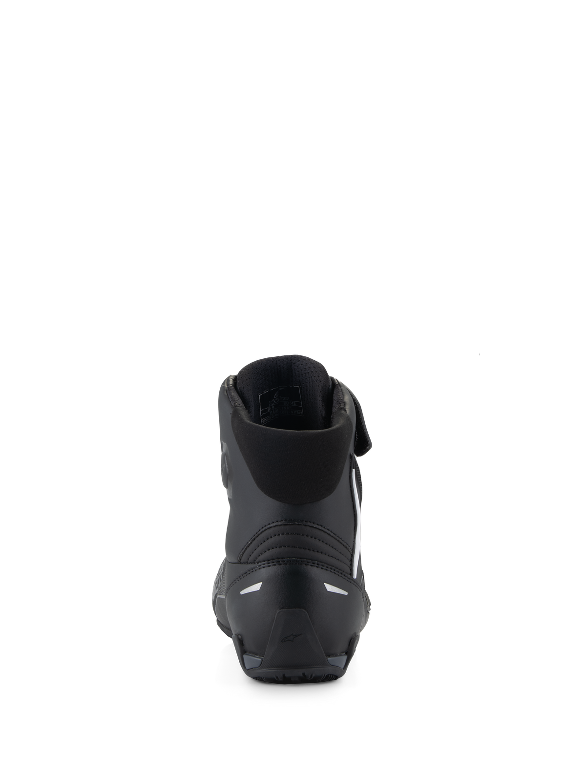 Alpinestars Faster-4 Shoes, zapatos de moto negros, vista trasera que destaca el contrafuerte del talón de TPR y los detalles reflectantes, cuello textil acolchado, diseño orientado al rendimiento para conducción deportiva en carretera.