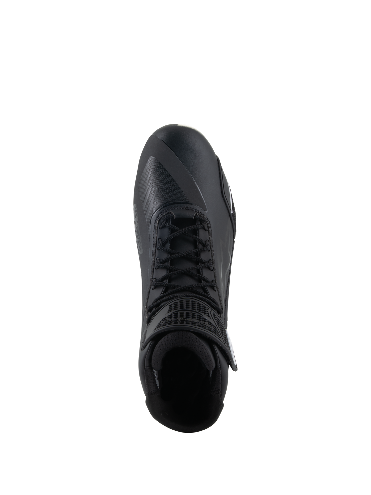 Zapatos Alpinestars Faster-4, calzado de moto negro, vista superior, con cierre de cordones tradicional, parte superior de microfibra sin costuras y cuello de tobillo acolchado.