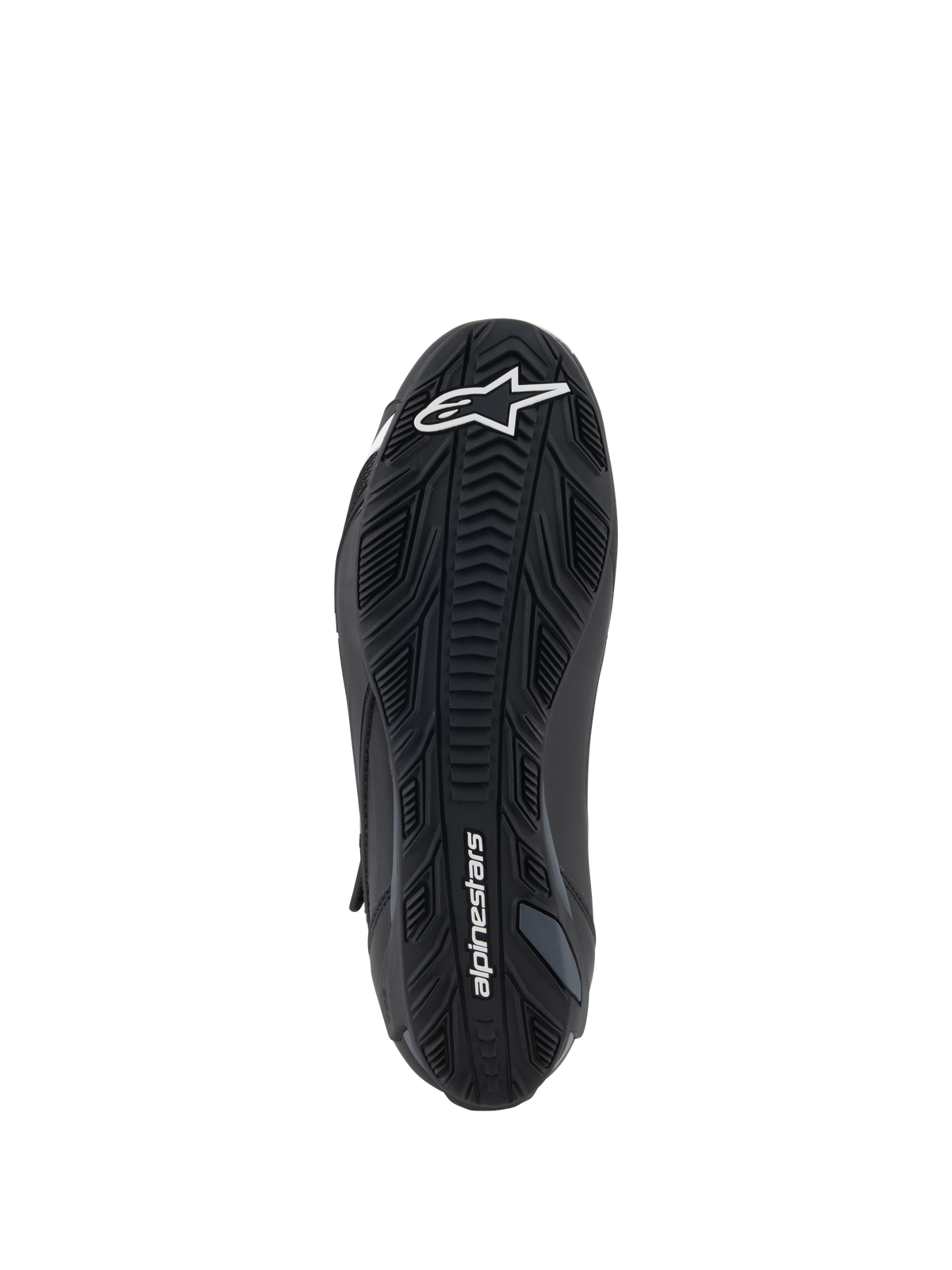 Zapatos Alpinestars Faster-4, negros, vista inferior de la suela de goma con patrones de agarre texturizados, logotipo blanco de Alpinestars en el antepié y marca en el talón, calzado de alto rendimiento para motociclismo