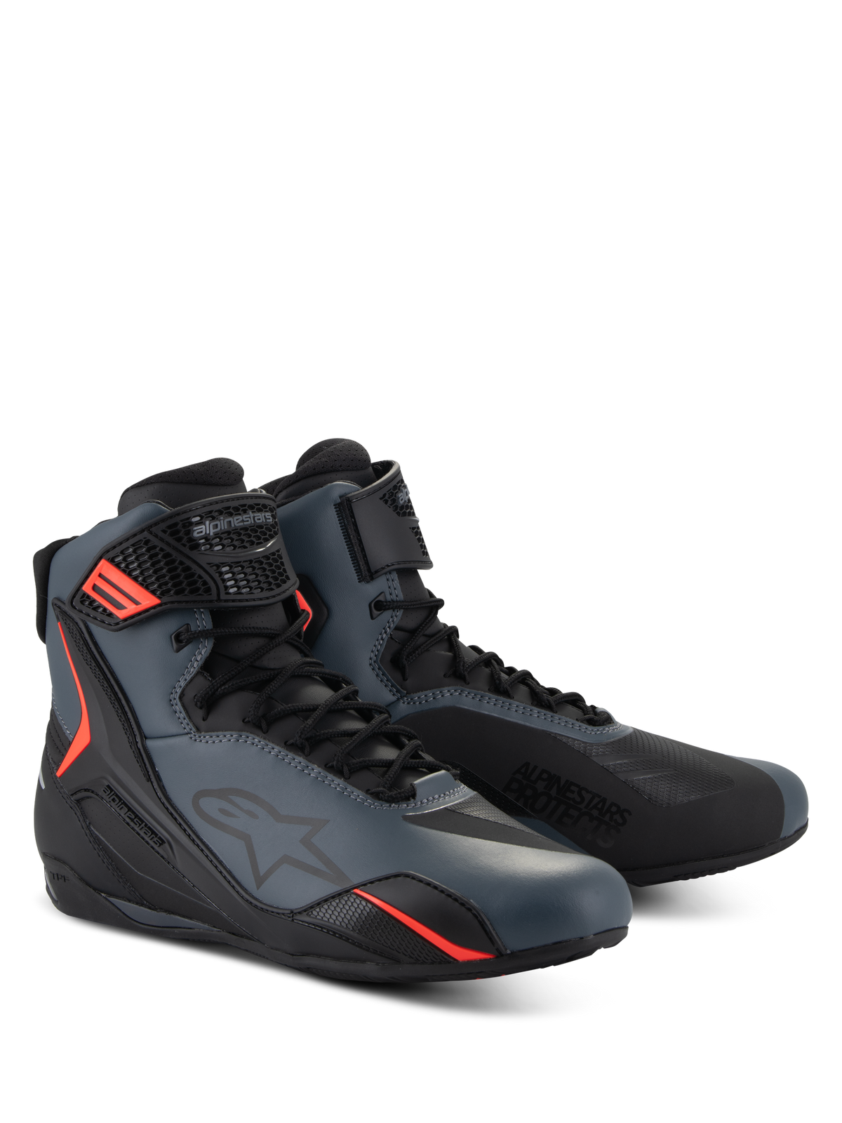 Alpinestars Faster-4 Shoes, motorcycle riding shoes, Black Gray and Red Fluo, seamless microfiber upper with protective TPU panels, lace closure with hook and loop strap, sporty aerodynamic profile for road riding