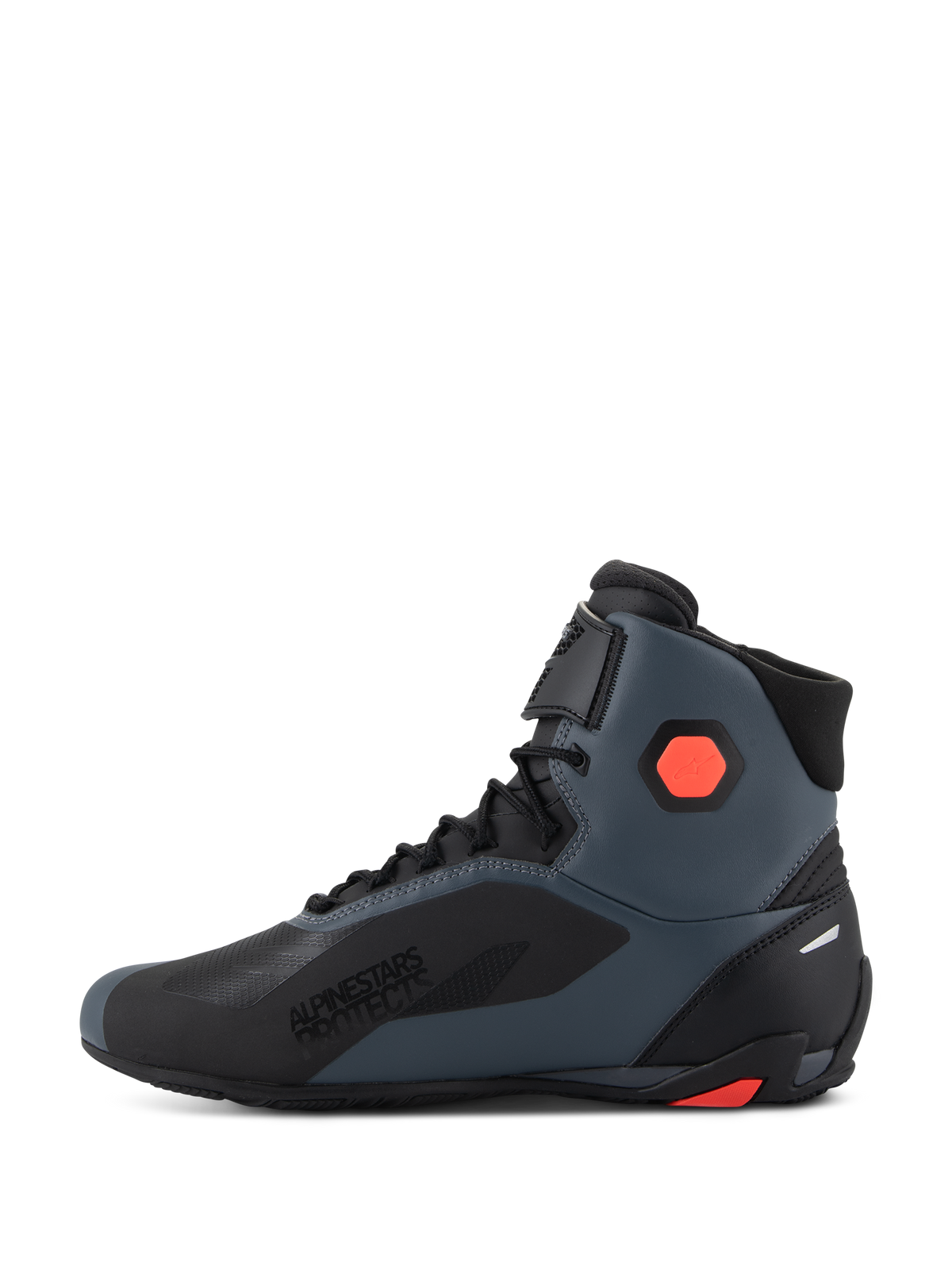Alpinestars Faster-4 Shoes, Motorcycle Riding Shoes, Black Gray and Red Fluo, side view showcasing "Alpinestars Protects" branding, technical microfiber construction with laces and hook-and-loop strap, protective ankle and heel details for road riding