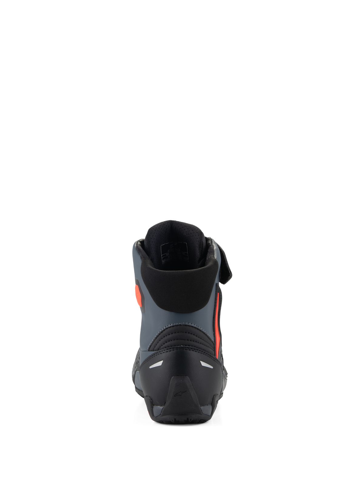 Alpinestars Faster-4 Shoes, Motorcycle Riding Shoes, Black Gray and Red Fluo, rear view showing the reinforced heel counter, ankle support, and sleek sport-inspired design.