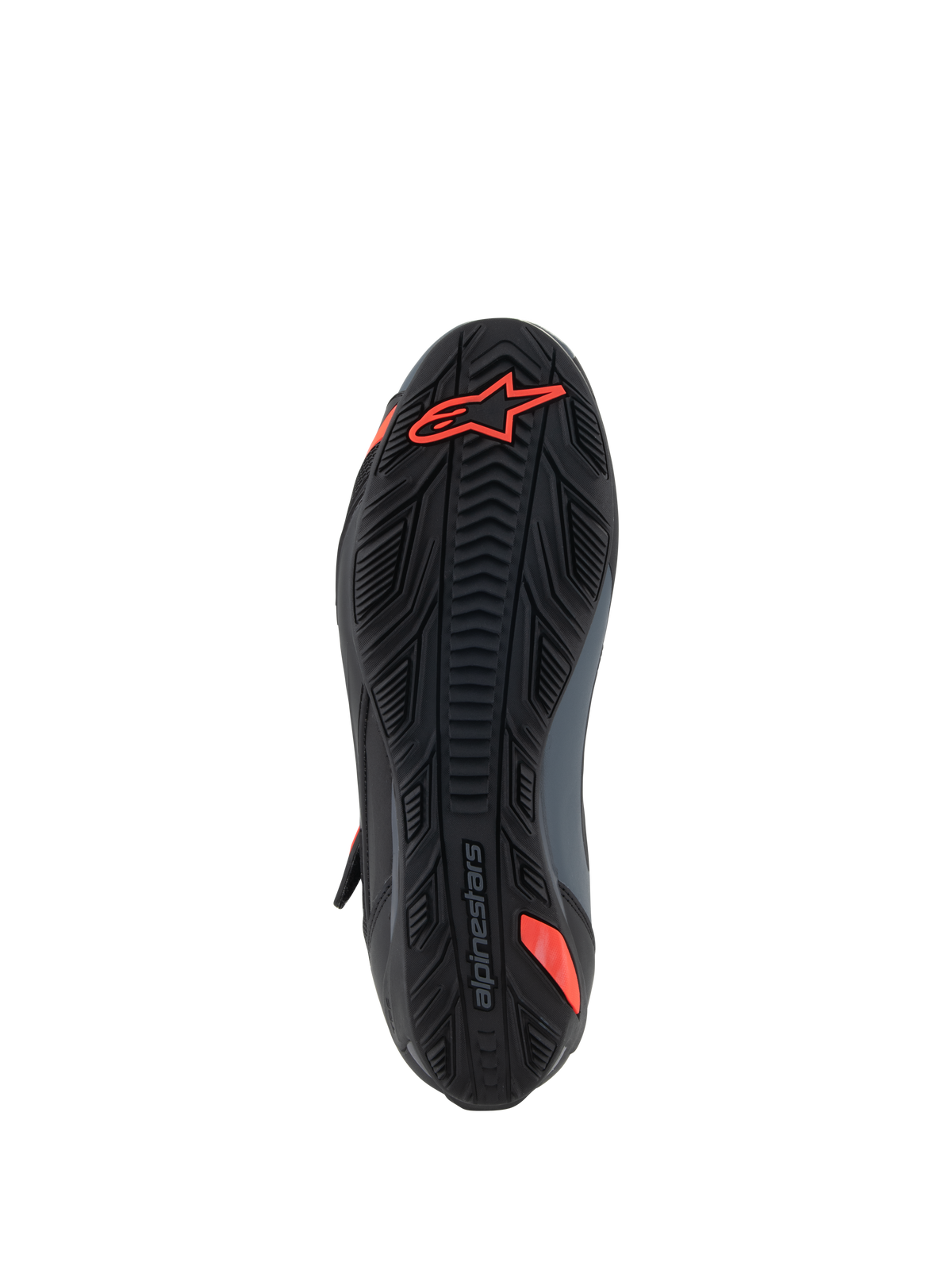 Alpinestars Faster-4 Shoes, Motorcycle Riding Shoes, Black and Red Fluo, bottom view showing textured rubber sole with red Astars logo and embossed branding, designed for grip and durability.
