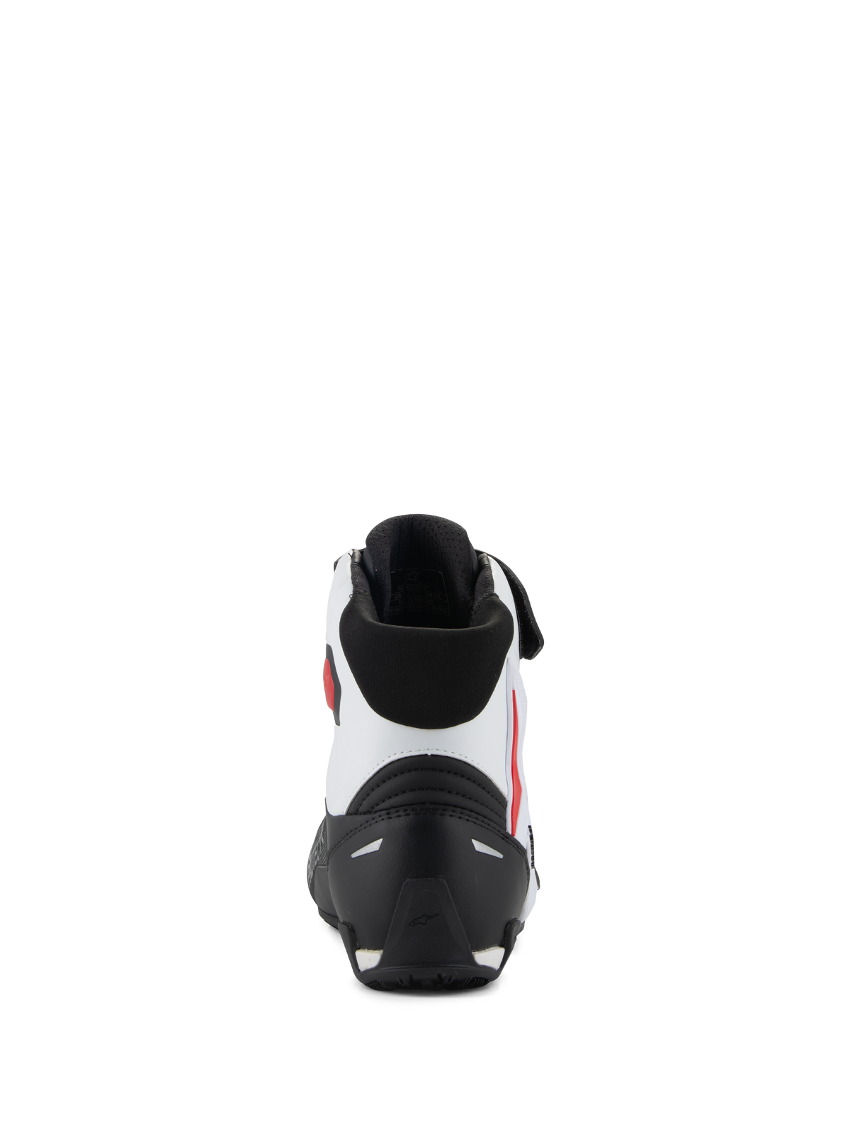 Zapatillas Alpinestars Faster-4, vista trasera, negro, blanco y rojo, con contrafuerte del talón de TPR negro, parte superior de microfibra blanca con acentos rojos y cuello acolchado negro, calzado de alto rendimiento para motociclismo
