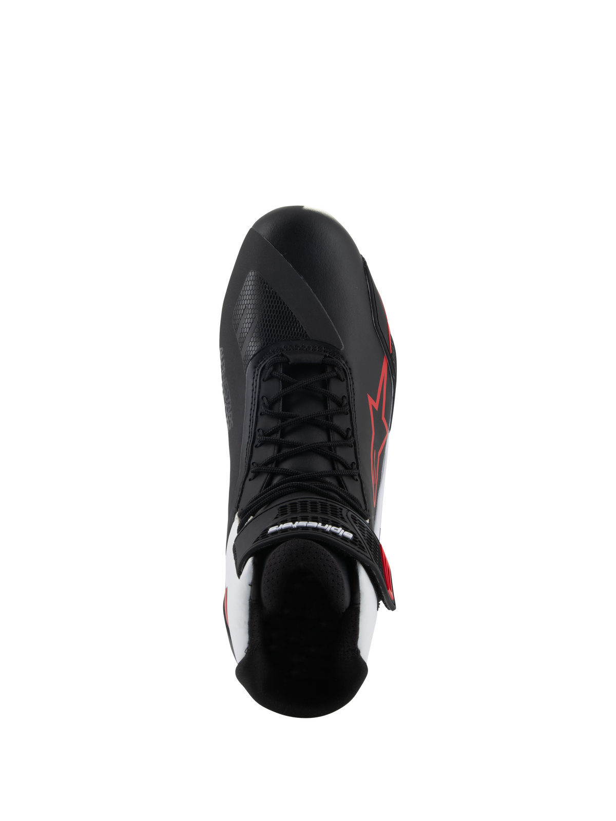 Zapatillas Alpinestars Faster-4, calzado para motociclismo, negro, blanco y rojo, vista superior con cordones negros y correa de velcro en el tobillo, logotipo de estrella de Alpinestars en rojo en el lateral, detalles en blanco en el talón y diseño de puntera asimétrica para el cambio de marchas.