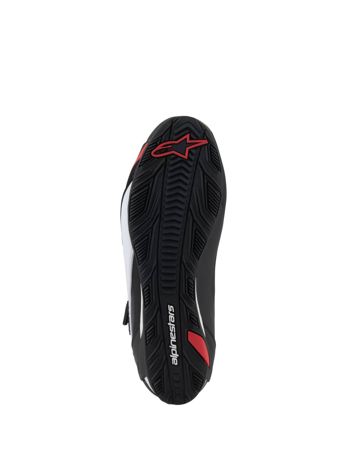 Zapatillas Alpinestars Faster-4, calzado para motociclismo, vista de la suela, goma negra con patrón de agarre texturizado, con logotipo de Alpinestars en rojo y marca en blanco, diseñadas para conducción deportiva y en carretera