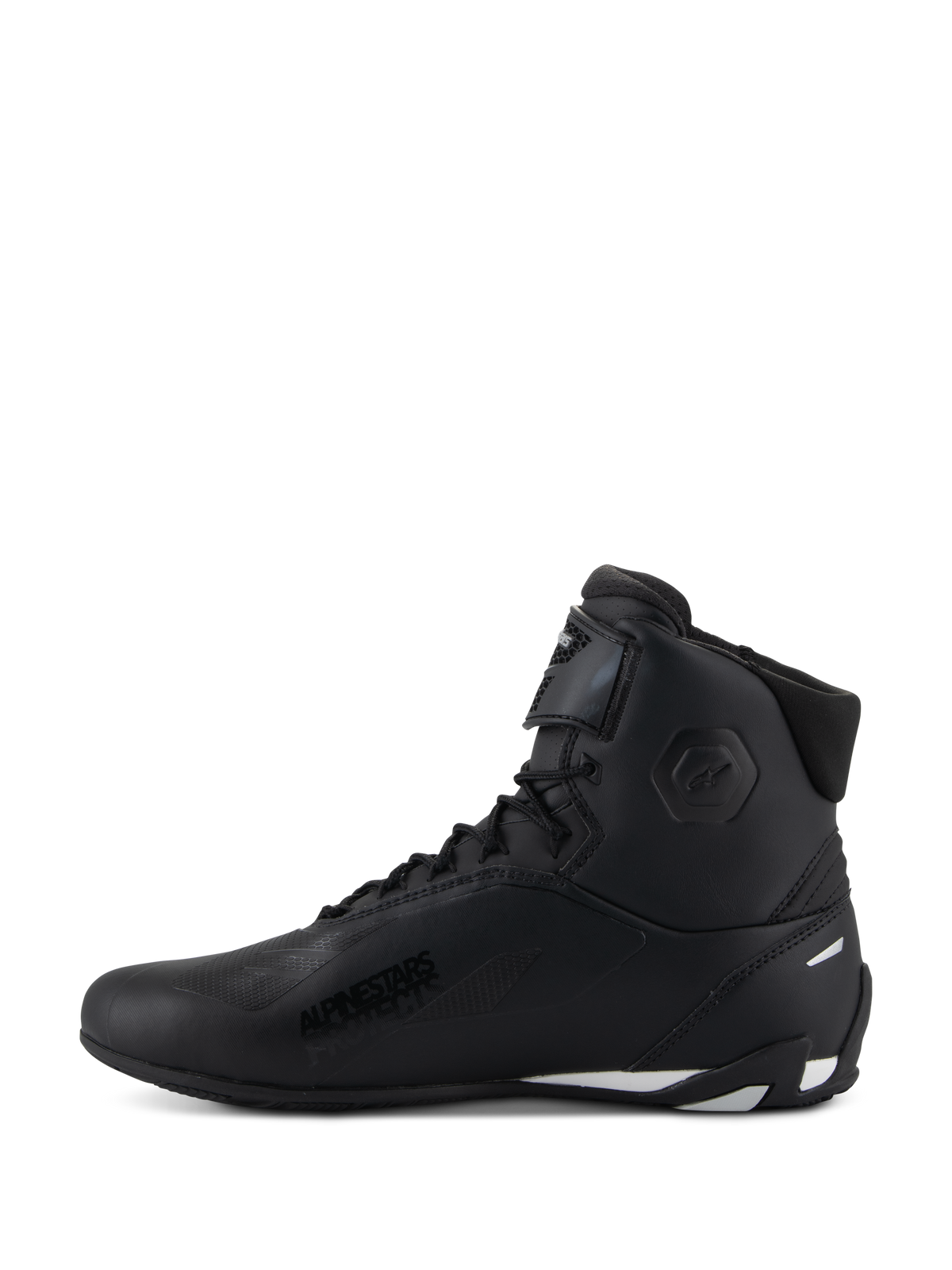 Zapatillas Alpinestars Stella Faster-4, zapatillas de moto para mujer, negras con detalles blancos, vista de perfil lateral, diseño de caña alta con cierre de cordones y correa ajustable en el tobillo, calzado protector para motociclismo