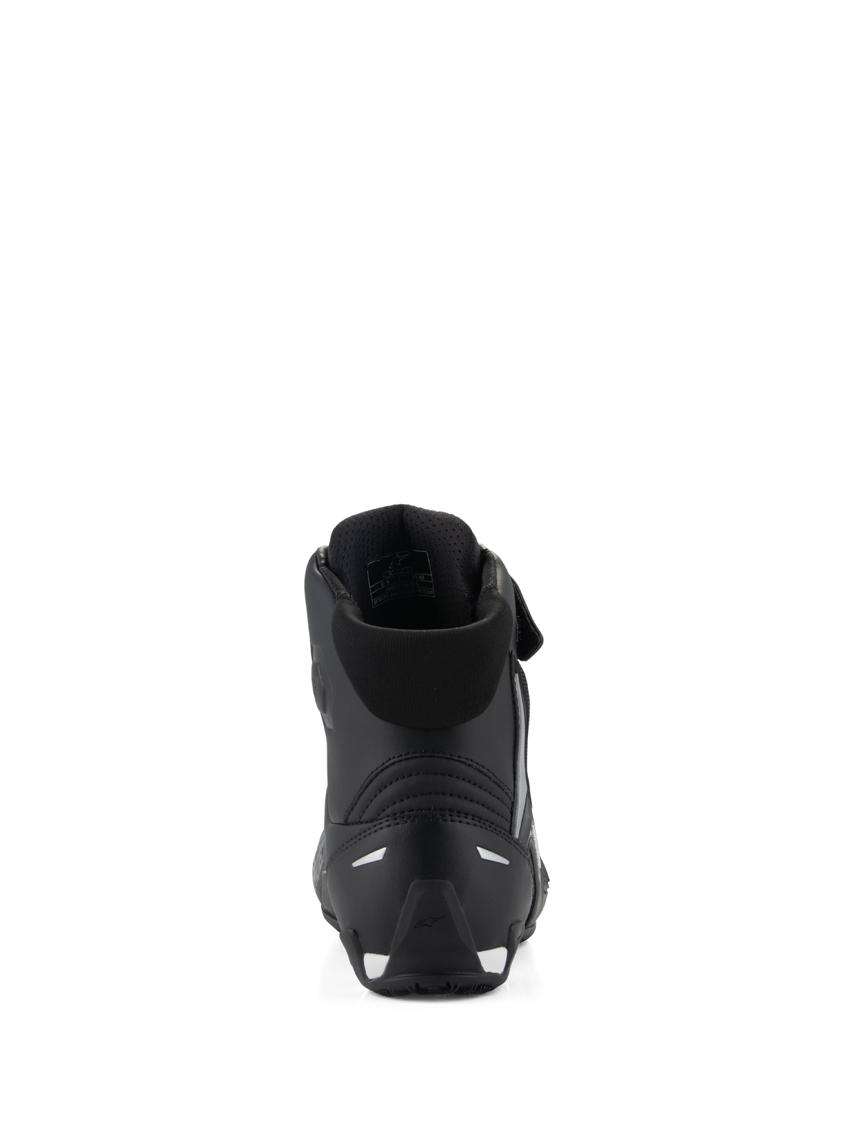 Zapatillas Alpinestars Stella Faster-4, calzado de moto para mujer, negro, vista trasera que muestra el cuello acolchado, el contrafuerte del talón de TPR reforzado y detalles reflectantes, diseño estilizado de alto rendimiento para conducción en carretera