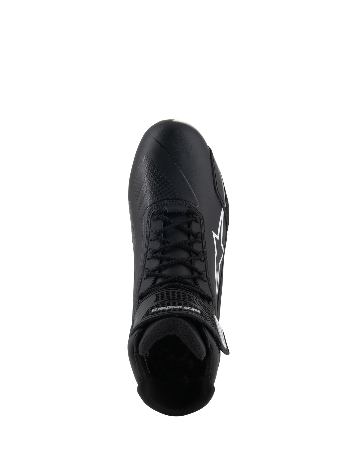 Zapatos Alpinestars Stella Faster-4, calzado de moto para mujer, negros, vista superior, con cordones negros, logotipo de la estrella de Alpinestars en blanco y correa de tobillo ajustable, diseño de microfibra elegante para conducción en carretera y deportiva