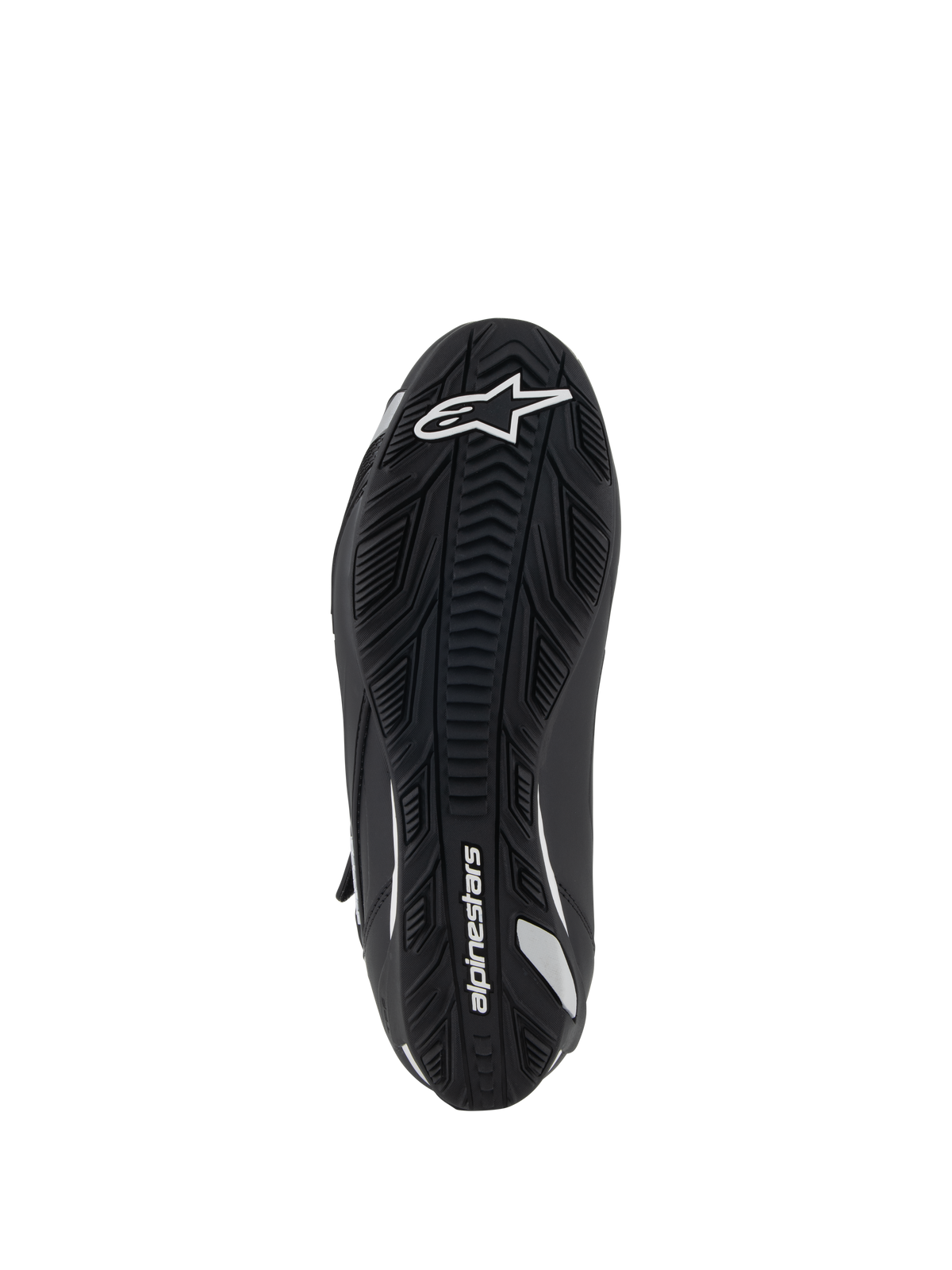 Zapatillas de moto para mujer Alpinestars Stella Faster-4, vista inferior, suela de goma negra con agarre texturizado, logotipo y marca Alpinestars en blanco, diseño ergonómico para mayor tracción y soporte
