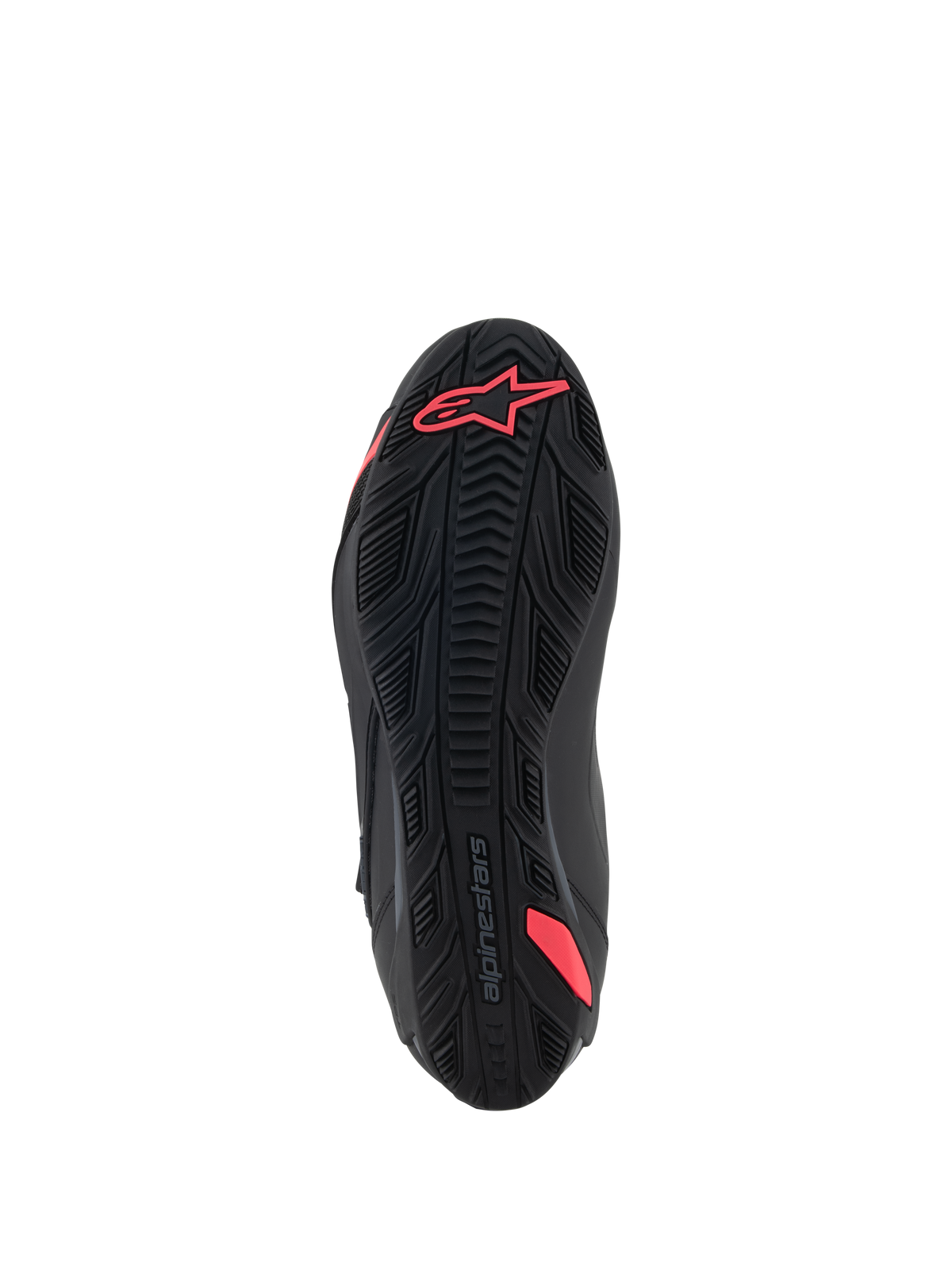 Alpinestars Stella Faster-4 Shoes, bottom view of the sole, Black and Diva Pink, featuring a textured rubber grip pattern, Alpinestars logo on the heel, and integrated shank for support, durable outsole for motorcycle riding
