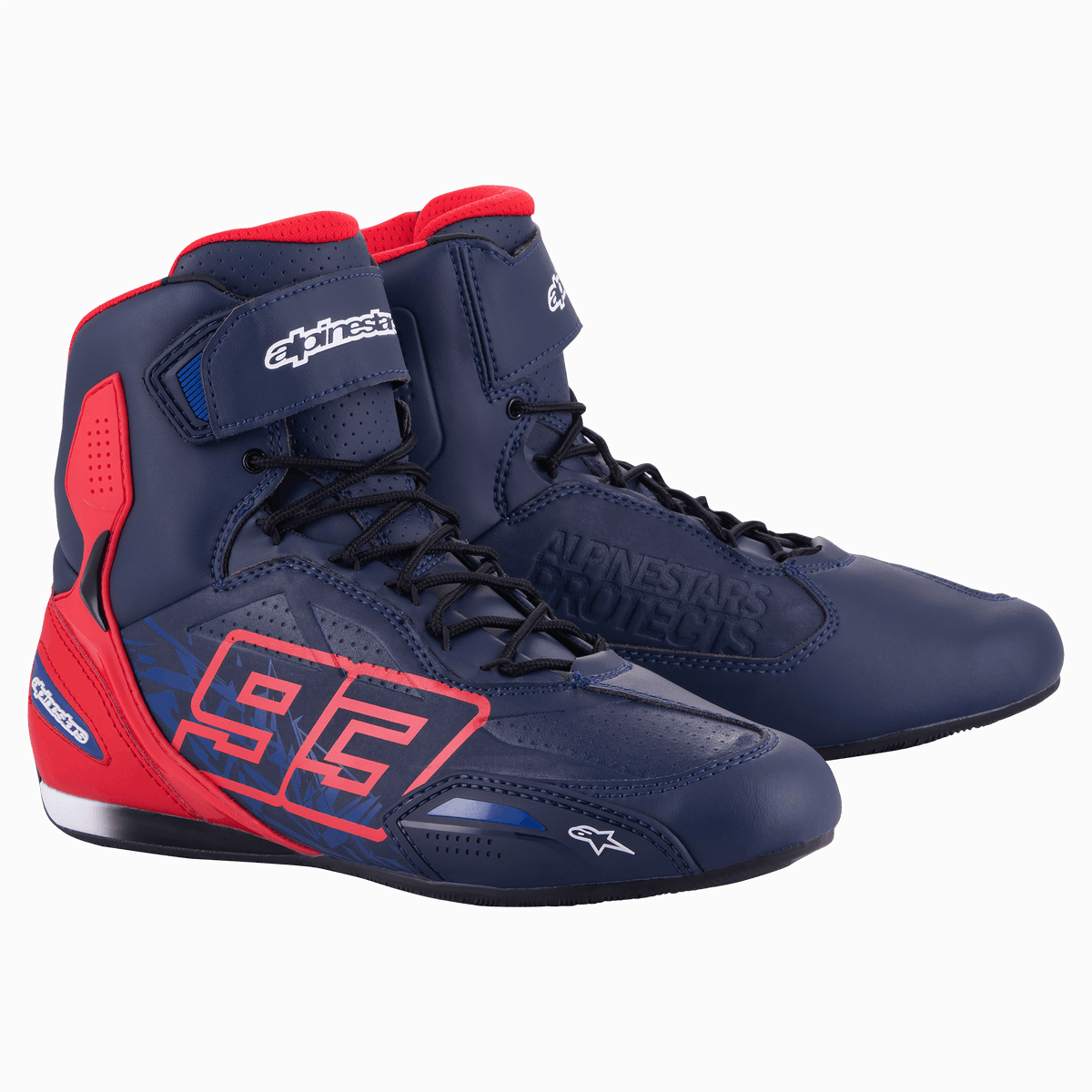 Alpinestars MM93 Austin Riding Shoe, Night Navy and Bright Red, high-top motorcycle footwear featuring the bold 93 logo on the side, secure lace and hook-and-loop strap closure, sporty design for road riding
