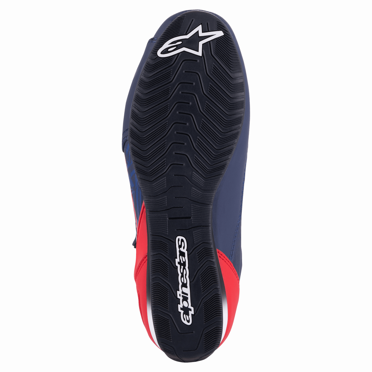 Alpinestars Austin Riding Shoe, Night Navy and Bright Red, bottom view showing black rubber outsole with textured wavy grip and white Alpinestars branding