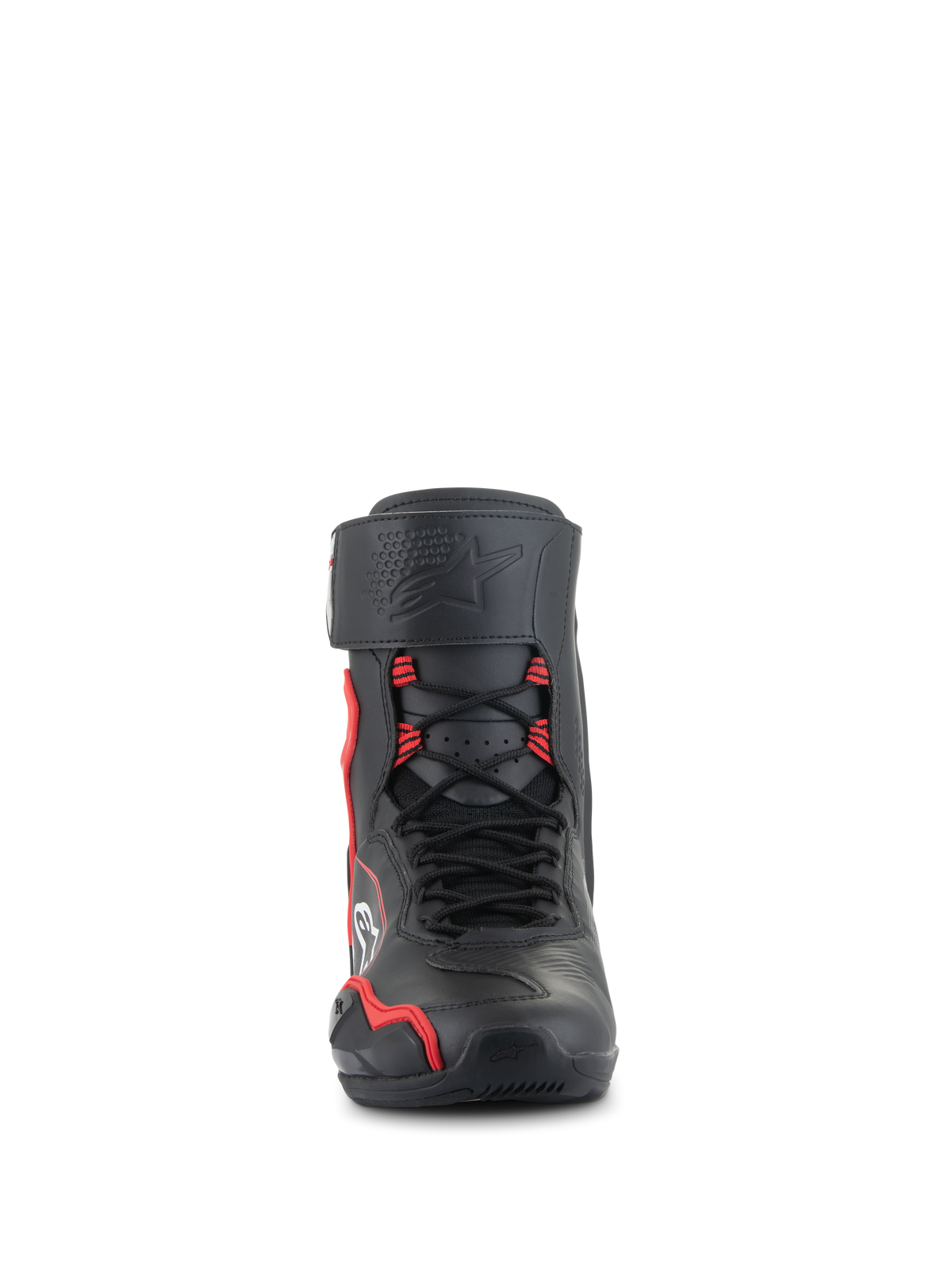Alpinestars Superfaster Shoes, high-cut motorcycle riding shoes, black with bright red and white accents, front view featuring speed lace system, protective shin strap with debossed star logo, and reinforced toe area.
