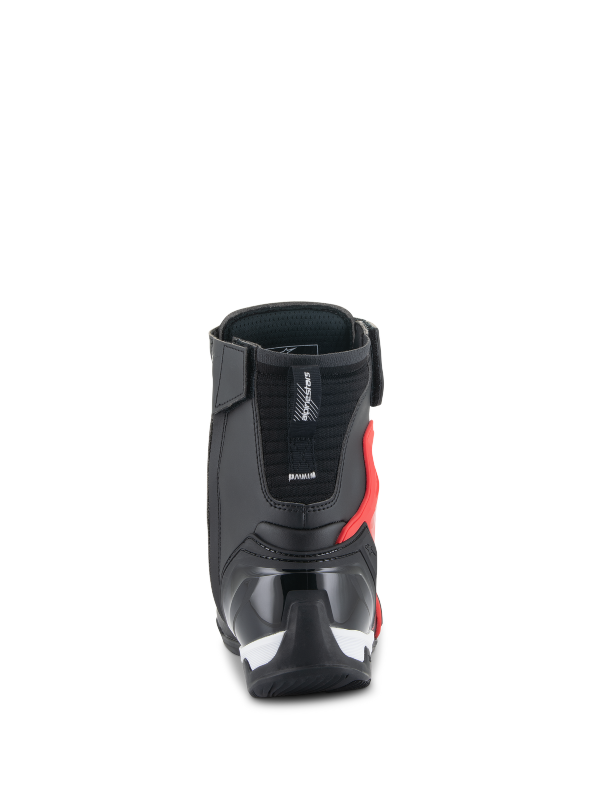 Alpinestars Superfaster Shoes, Motorcycle Riding Shoes, Black Bright Red and White, rear view showing reinforced TPU heel counter and Achilles protector, high-top technical design.