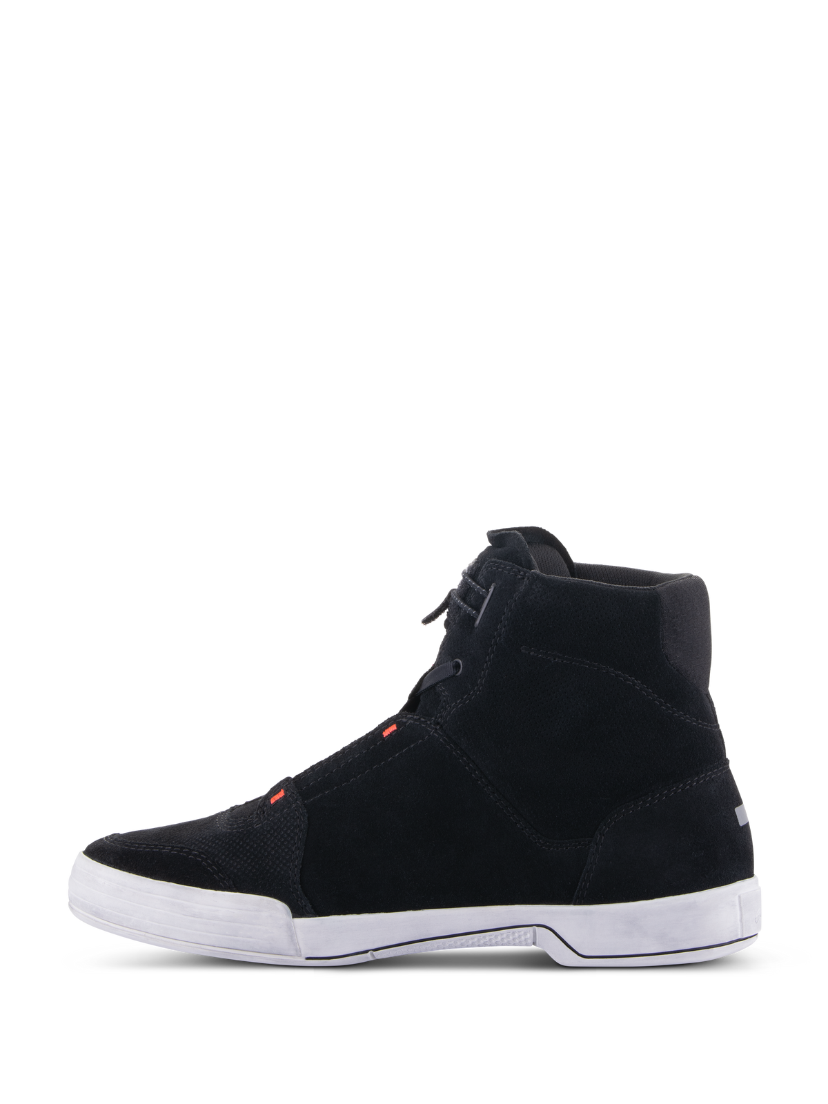 Alpinestars Chrome Shoes, Motorcycle Riding Shoes, Black and Cool Gray with Red Fluo, side profile view featuring split suede construction and a white rubber sole, casual sneaker silhouette for urban riding