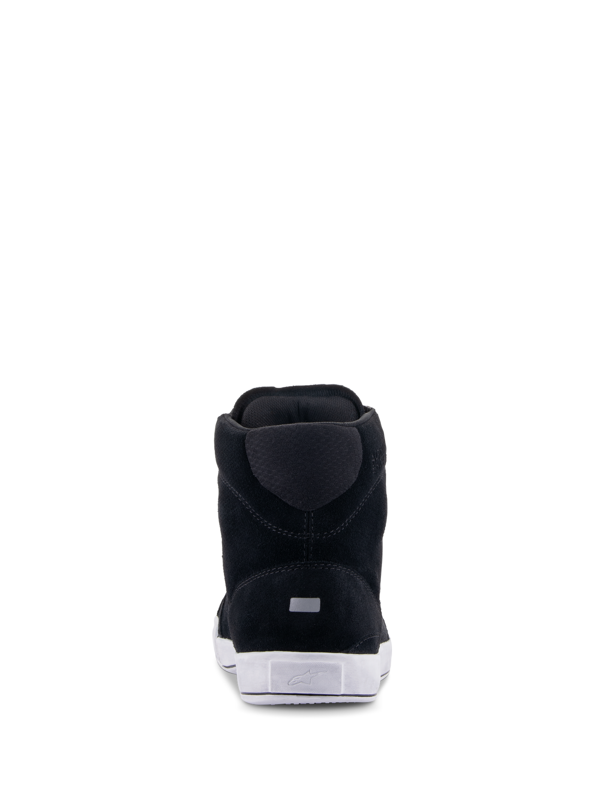 Alpinestars Chrome Shoes, Urban Motorcycle Riding Shoes, Black and White, rear view showing split suede construction, white rubber sole with heel logo, and small reflective rectangular detail.