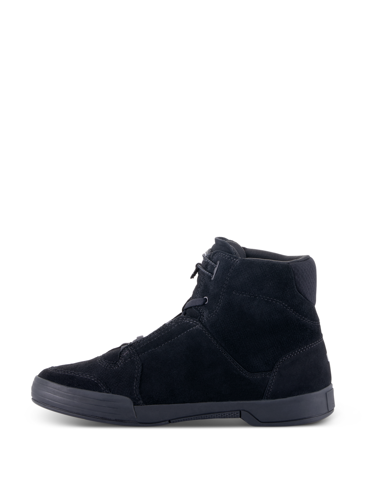 Alpinestars Chrome Shoes, Urban Motorcycle Riding Shoes, Black Black, side profile view showing split suede upper and flat rubber cup sole, high-top silhouette with casual streetwear styling.