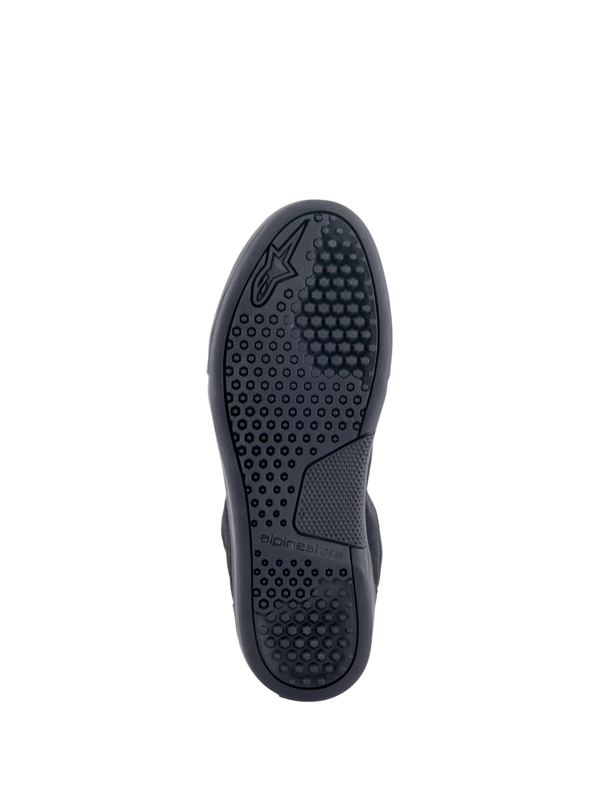 Alpinestars Chrome Shoes, Sole View, Black, featuring advanced rubber compound cup sole with hexagonal grip pattern and Alpinestars branding, urban motorcycle riding shoes