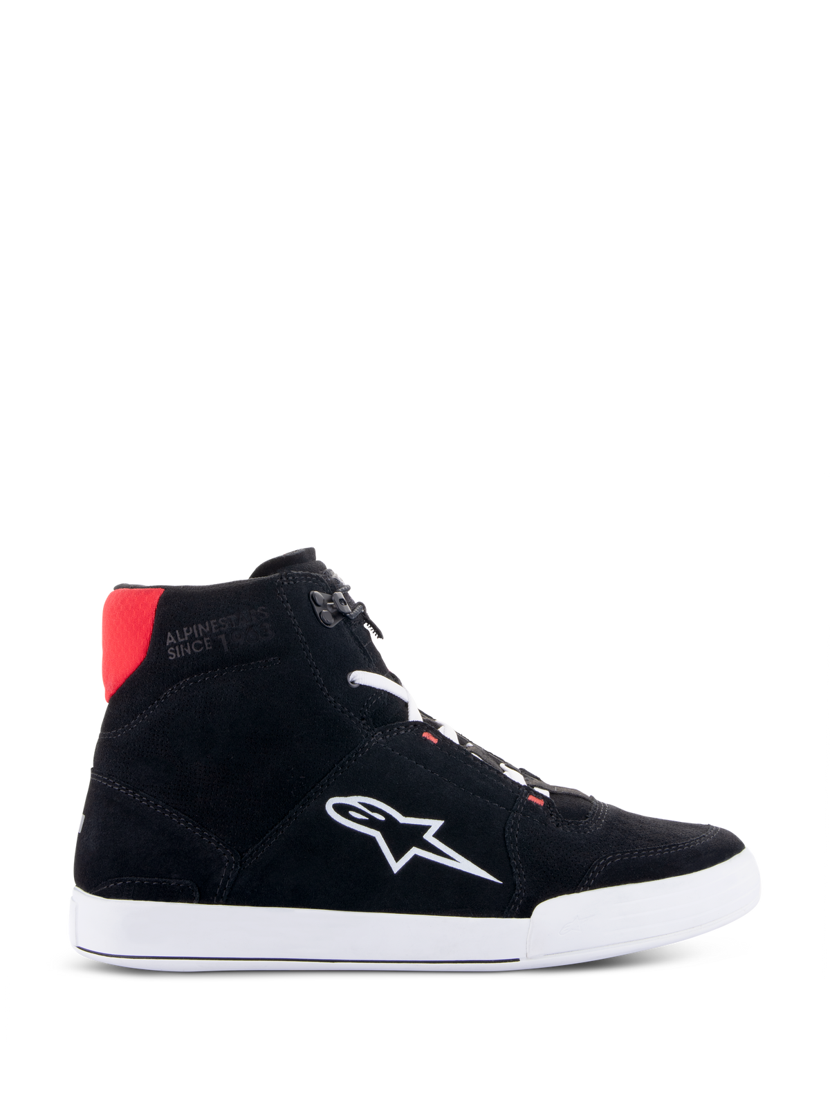 Alpinestars Chrome Riding Shoes in Black White Bright Red, urban casual high-top motorcycle shoe featuring a black split suede upper, white Astars logo on the side, white sole, and bright red heel collar accent.