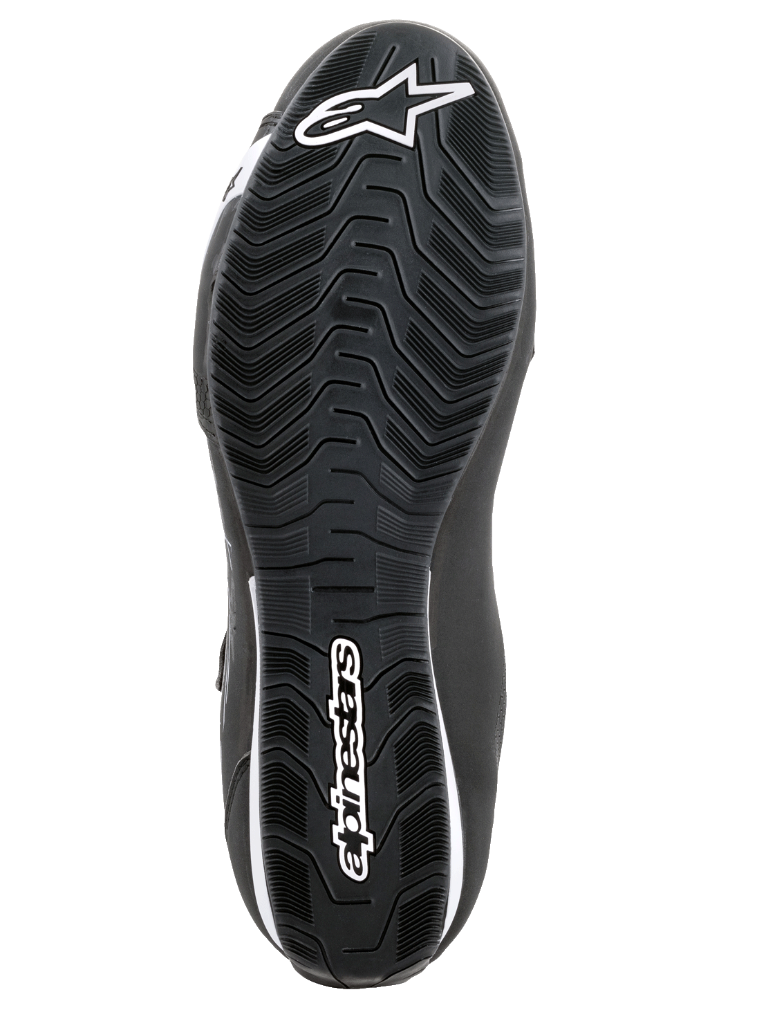 Alpinestars Sektor Shoes, zapatos para motociclismo, negro y blanco, vista inferior de la suela de goma texturizada con patrón ondulado, con logotipo de Alpinestars y símbolo de estrella en blanco