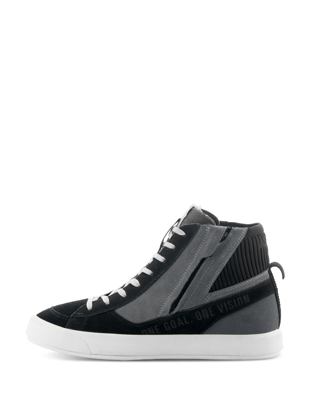 Alpinestars Stated Shoes, Black Gray and White urban motorcycle shoes, side profile featuring high-top sneaker design, lateral zipper, white vulcanized sole, and "ONE GOAL. ONE VISION" text.