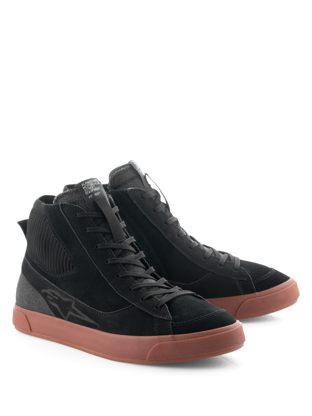 Alpinestars Stated Shoes, Urban Motorcycle Riding Shoes, Black and Gum, high-top silhouette with black suede and canvas upper, brown vulcanized rubber sole, retro skate-inspired design for street and road use
