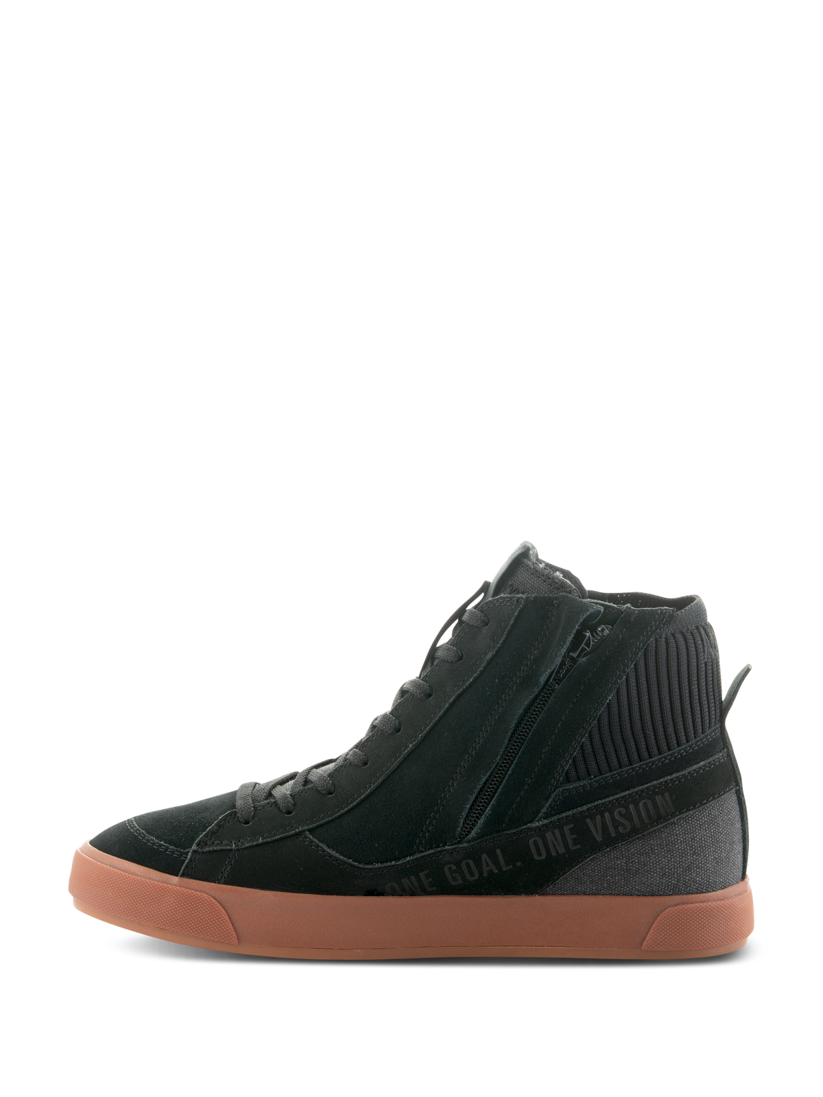 Alpinestars Stated Shoes, Urban Motorcycle Riding Shoes, Black and Gum, lateral view showing side zipper, vulcanized rubber sole, and 'ONE GOAL. ONE VISION.' text on the suede and canvas upper