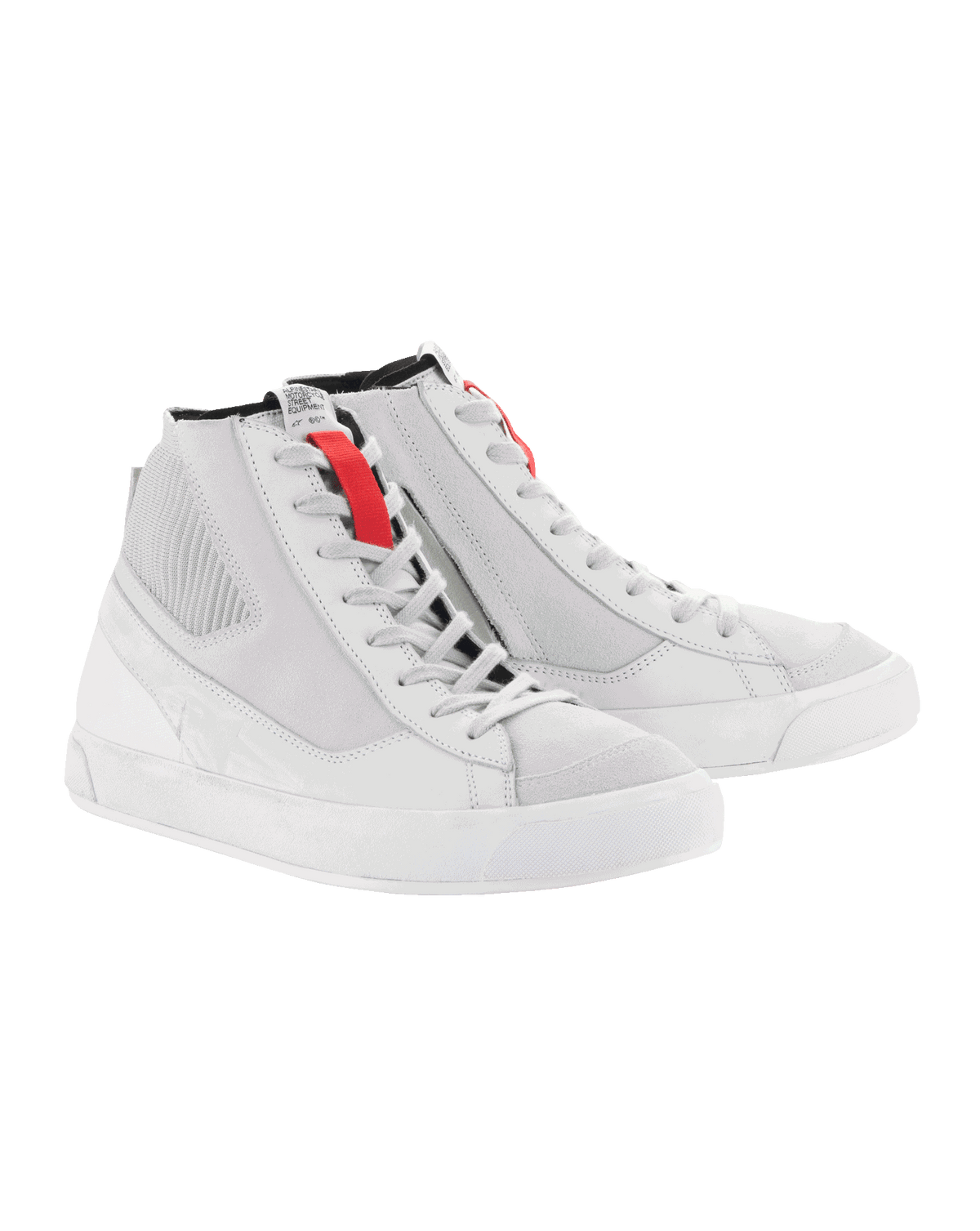 Zapatos Alpinestars Stated, zapatos de moto urbanos, estilo retro de caña alta, blanco y gris con detalles rojos.