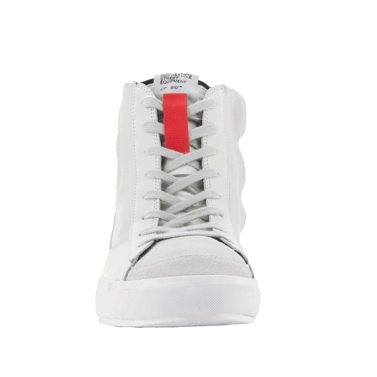 Alpinestars Stated Shoes, zapatos de moto urbanos blancos y grises con detalle rojo y diseño inspirado en el skate
