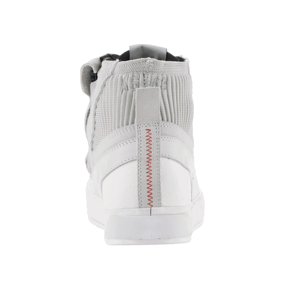 Alpinestars Stated Shoes, zapatos de moto urbanos grises y blancos con costuras rojas en el talón y cuello de malla.