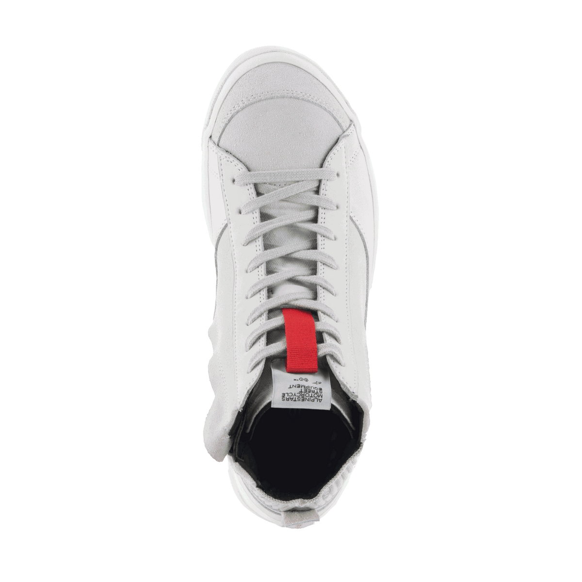 Alpinestars Stated, zapatos de moto urbanos, blancos y gris frío, vista superior de zapatilla de gamuza con detalle rojo.