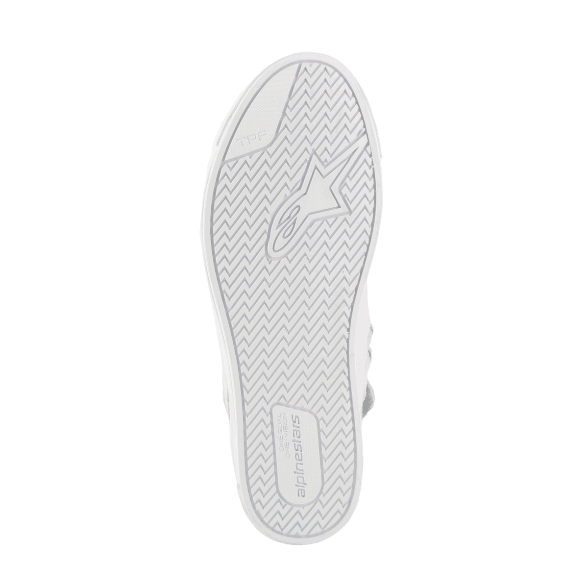 Alpinestars Stated Shoes, zapatos de moto urbanos, blancos y grises, suela vulcanizada con patrón en espiga y logotipo TPF.