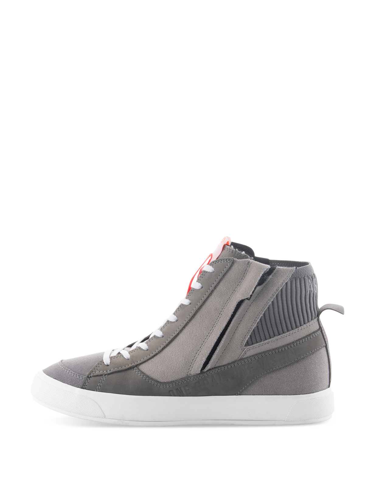 Zapatos Alpinestars Stated, calzado urbano para moto en gris claro, rojo flúor y blanco, diseño de zapatilla retro de caña alta con parte superior de gamuza y lona gris, cremallera lateral y suela vulcanizada blanca