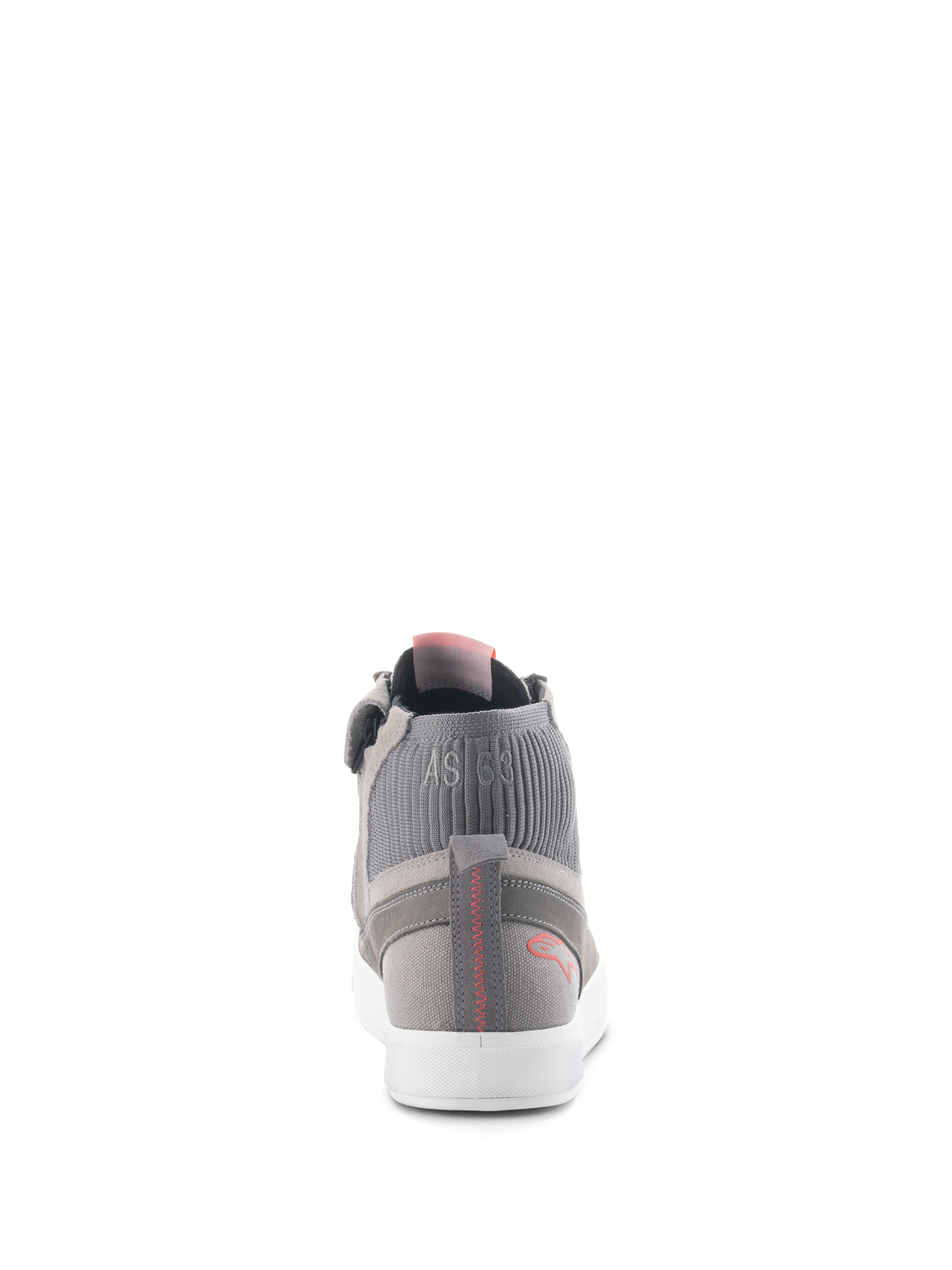 Alpinestars Stated Shoes, calzado de conducción urbana, gris claro rojo flúor blanco, vista trasera que muestra el cuello del tobillo de punto acanalado con la marca 'AS 63', suela vulcanizada blanca y logotipo rojo en el talón con detalle de costura