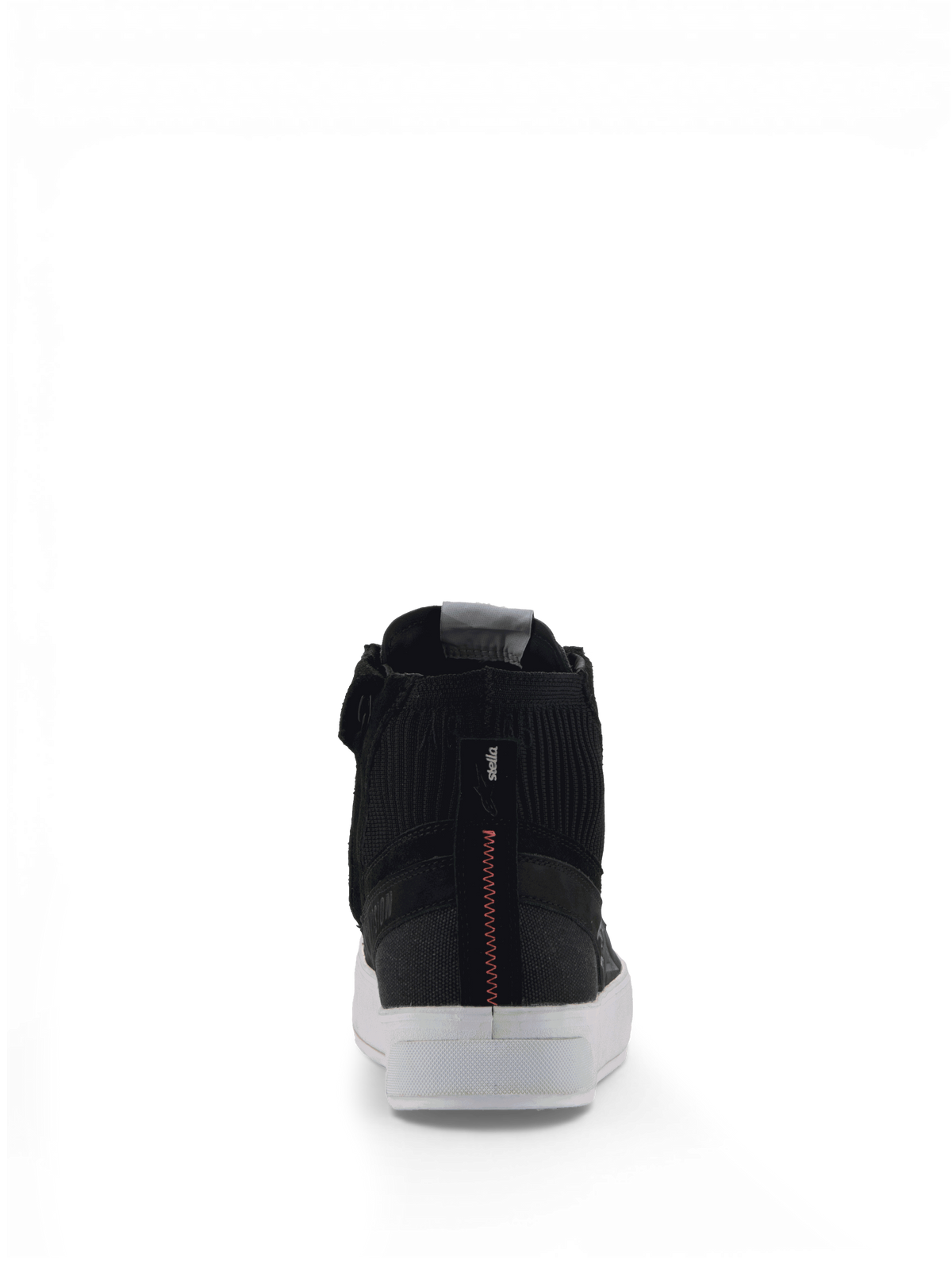 Alpinestars Stella Stated Podium Shoes, women's urban motorcycle sneakers, black and white with red heel stitching.