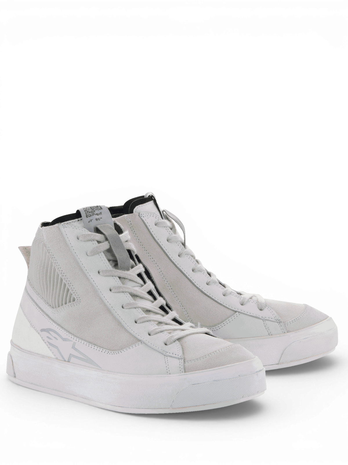 Alpinestars Stella Stated Podium Shoes, women's white and cool gray urban motorcycle riding shoes with a vulcanized sole.
