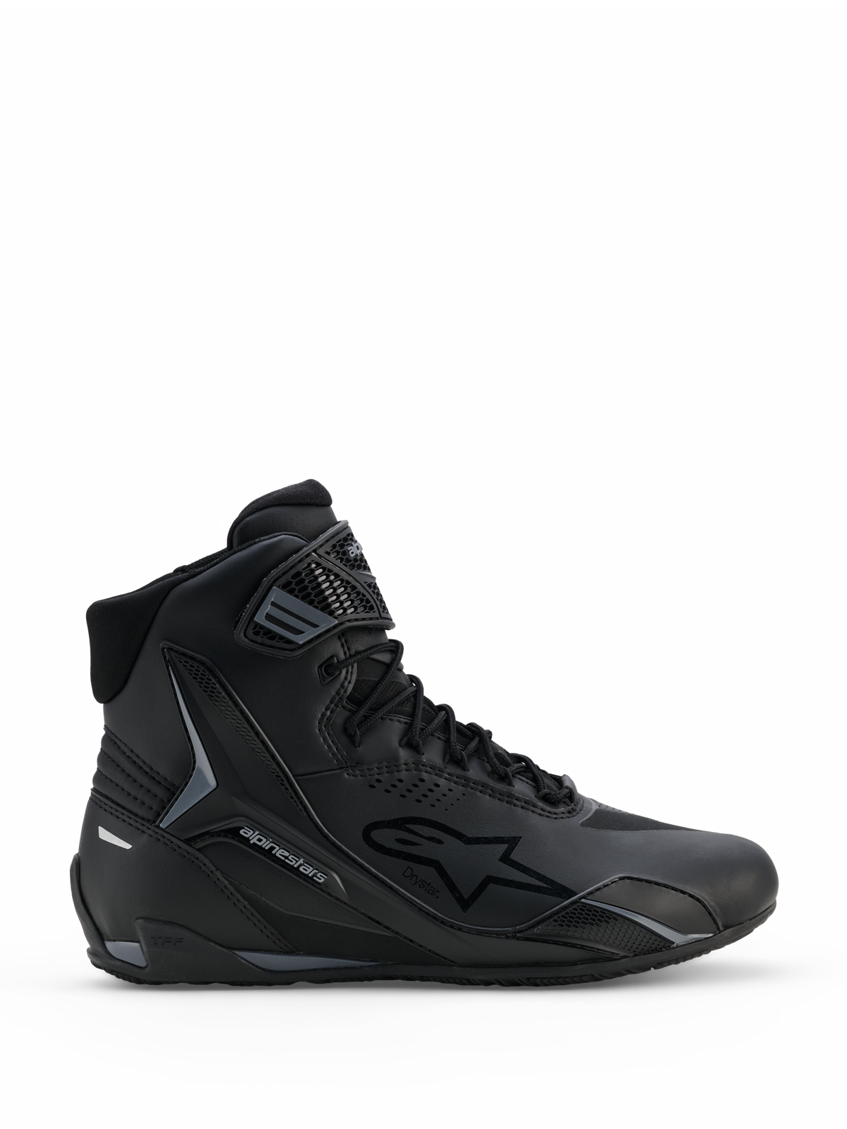 Zapatillas Alpinestars Faster-4 Drystar®, calzado de moto en negro y gris frío, diseño de caña alta con cordones y correa de velcro en el tobillo, con marca impermeable Drystar y logo de estrella Alpinestars, perfil deportivo estilizado para conducción en carretera