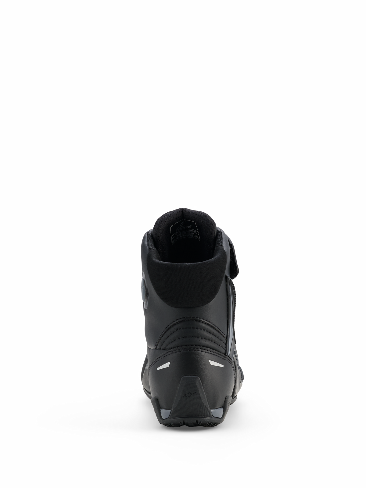 Zapatos Alpinestars Faster-4 Drystar®, calzado de conducción para motociclismo, Negro Gris Cool, vista trasera con talón reforzado, cuello acolchado y detalles reflectantes, construcción de microfibra impermeable para conducción deportiva