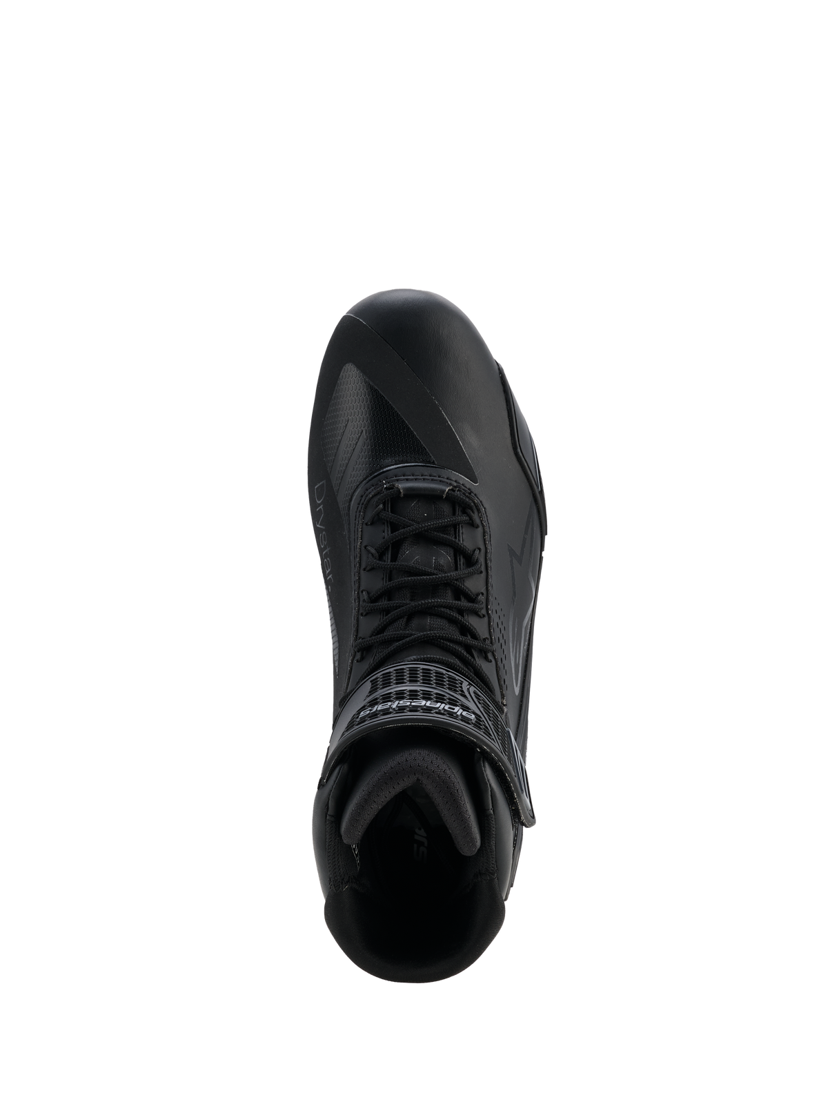 Zapatos Alpinestars Faster-4 Drystar®, Negro Cool Gray, vista superior de calzado para motociclismo, con cierre de cordones y correa de velcro en el tobillo, construcción de microfibra sin costuras con marca Drystar®, perfil atlético elegante para conducción protectora en carretera
