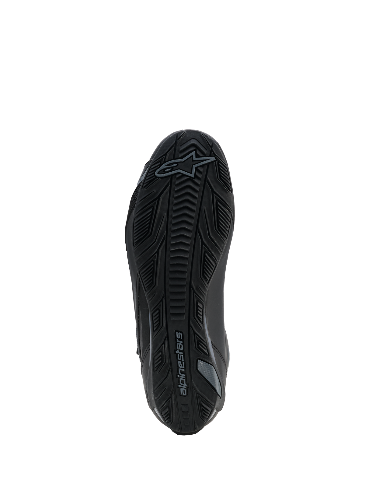 Zapatos Alpinestars Faster-4 Drystar®, Black Cool Gray, vista de la parte inferior que muestra la suela de goma texturizada con patrón de agarre y el logotipo de Alpinestars, diseño reforzado para mayor estabilidad y tracción.