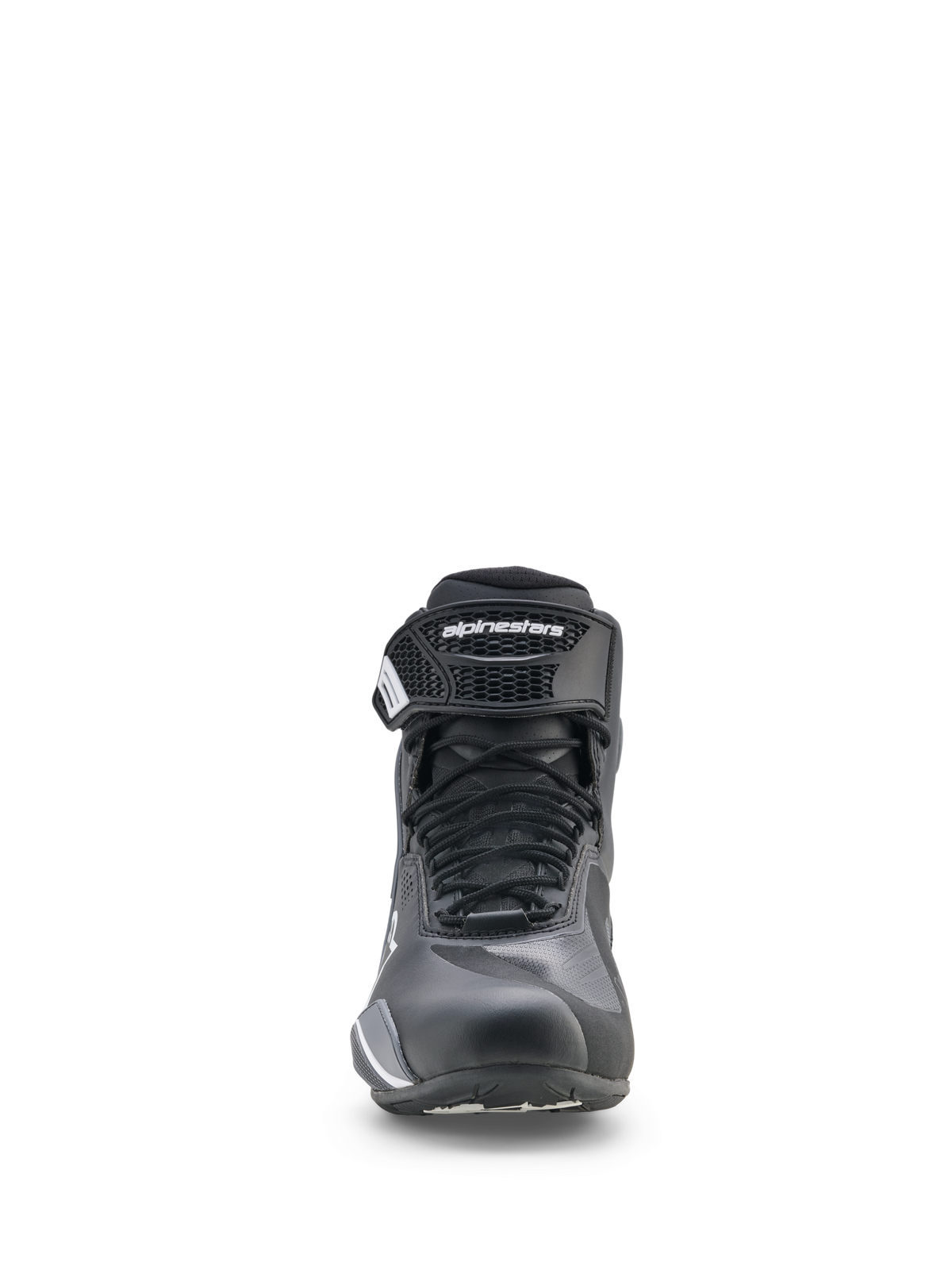 Zapatos Alpinestars Faster-4 Drystar®, calzado para motociclismo, negro, gris frío y blanco, vista frontal con cierre de cordones y correa de tobillo de gancho y bucle, perfil deportivo de corte bajo para conducción en carretera