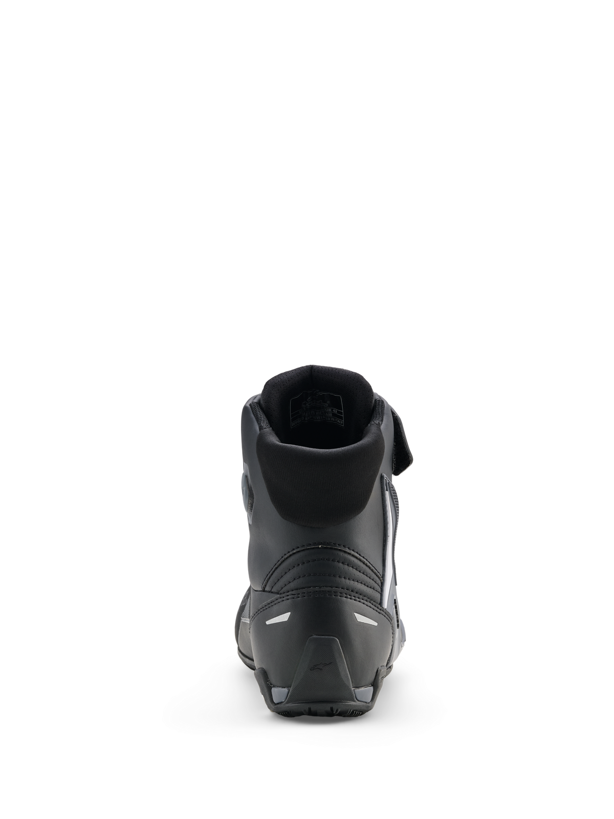 Alpinestars Faster-4 Drystar® Shoes, zapatos de conducción para motociclista, negro gris frío blanco, vista trasera que muestra el cuello acolchado, talón reforzado con detalles reflectantes y suela de goma texturizada para rendimiento deportivo.