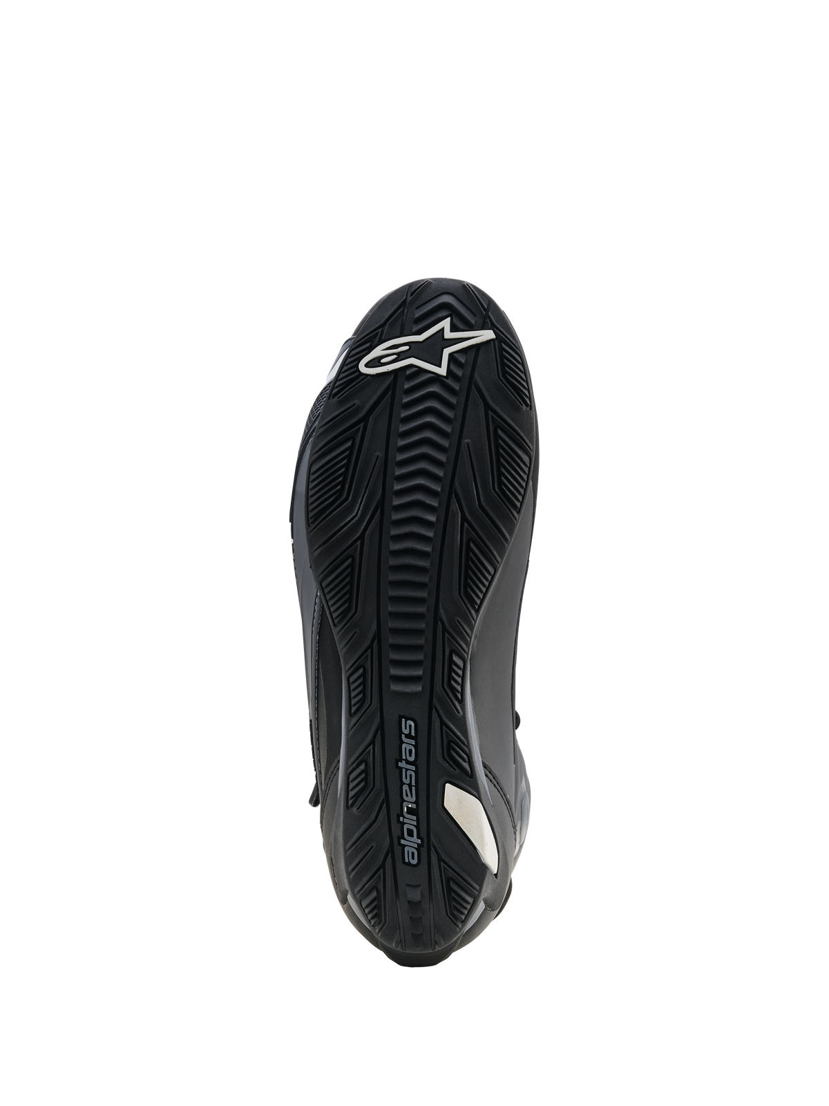 Zapatos Alpinestars Faster-4 Drystar, calzado de conducción para motocicleta, color negro, vista de la suela que muestra el caucho reforzado con agarre texturizado, logotipo de estrella blanca en la puntera y marca Alpinestars, diseñados para estabilidad y agarre en los estribos.