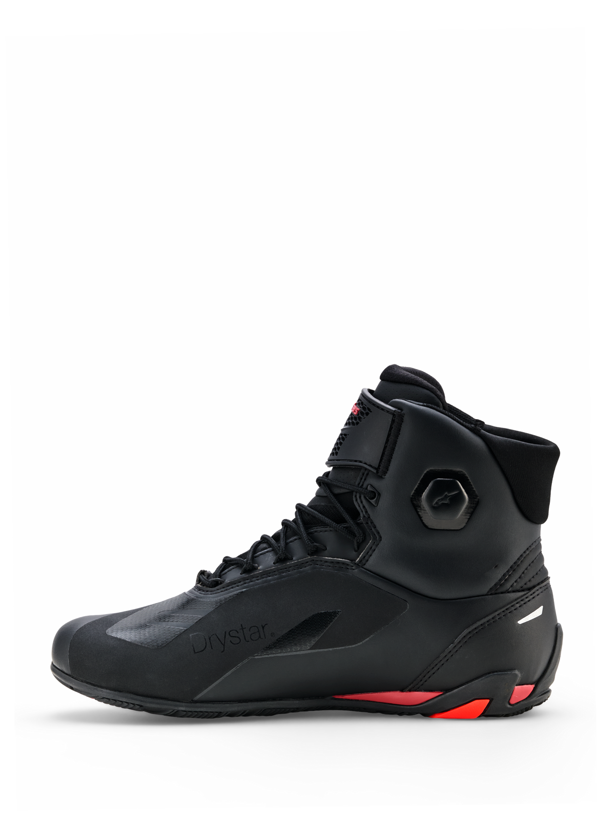 Zapatos Alpinestars Faster-4 Drystar®, calzado de conducción para motocicleta, negros con detalles en Rio Red y Red Fluo, perfil lateral, con construcción de microfibra sin costuras, marca Drystar y talón reforzado con toques rojos